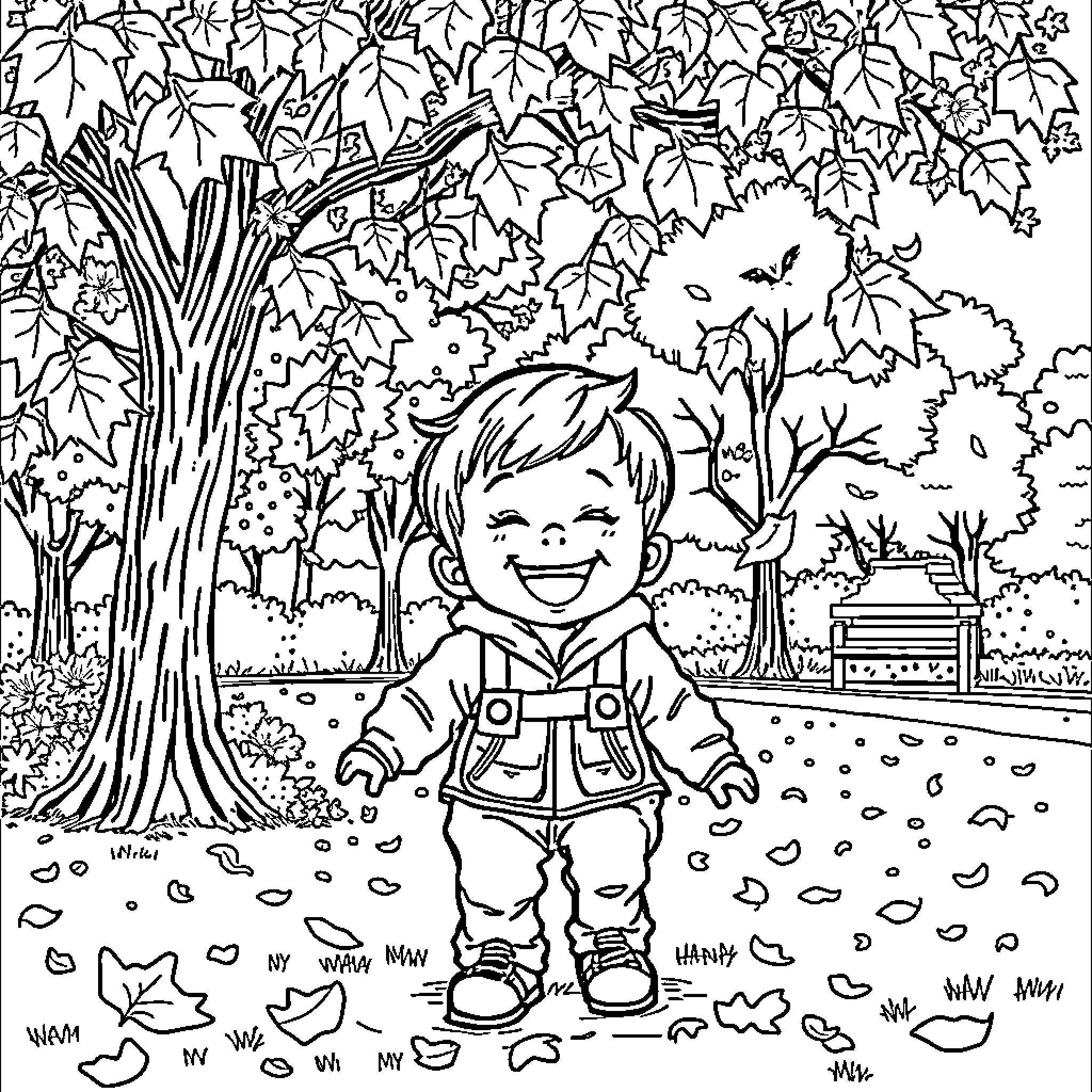 Child enjoying autumn day in the park Coloring Page (free black-and-white line drawing printable PDF for all, from beginners to advanced learners, including children, teens, adults, and seniors)