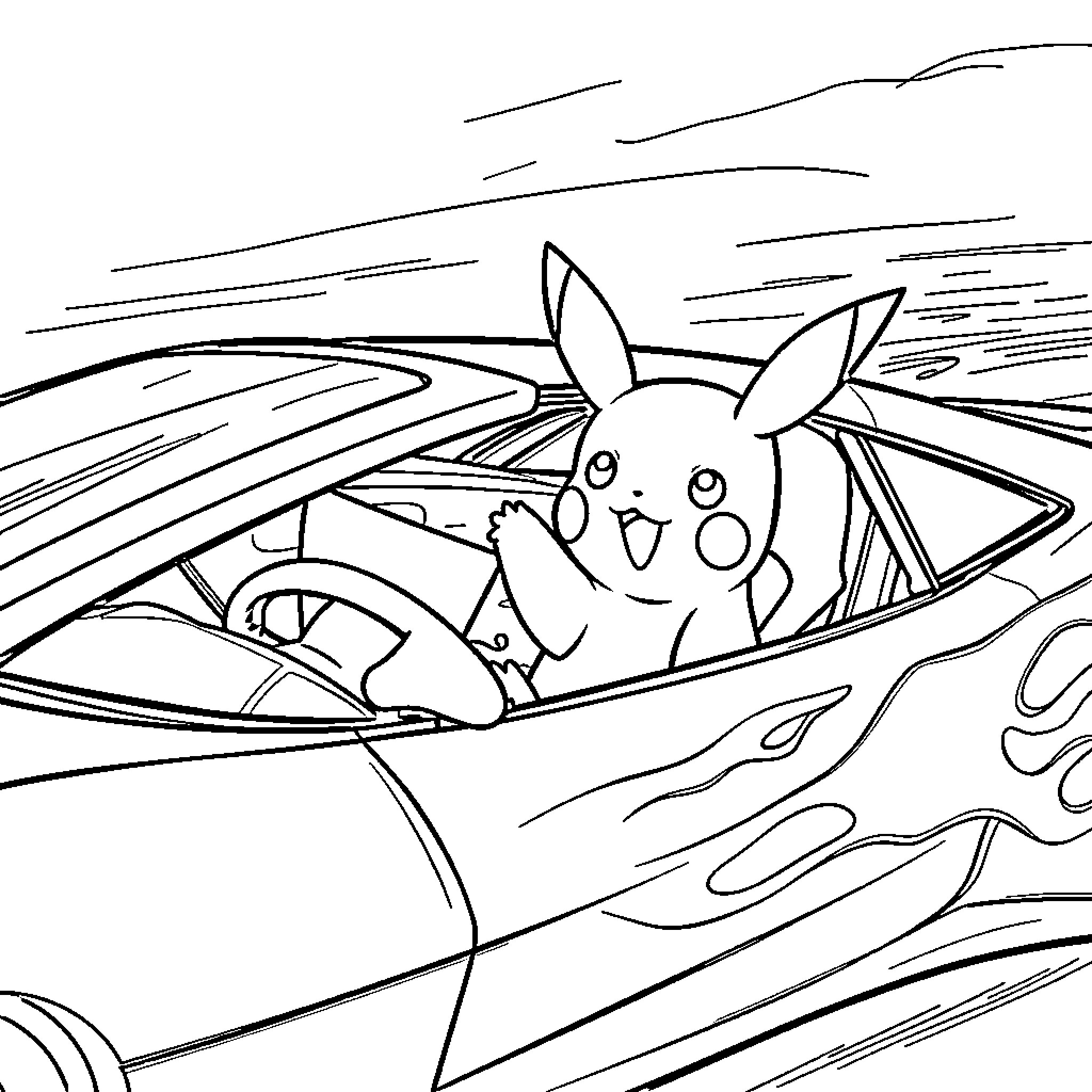 Sports Car with Animated Character Driving Adventure Coloring Page (free black-and-white line drawing printable PDF for all, from beginners to advanced learners, including children, teens, adults, and seniors)