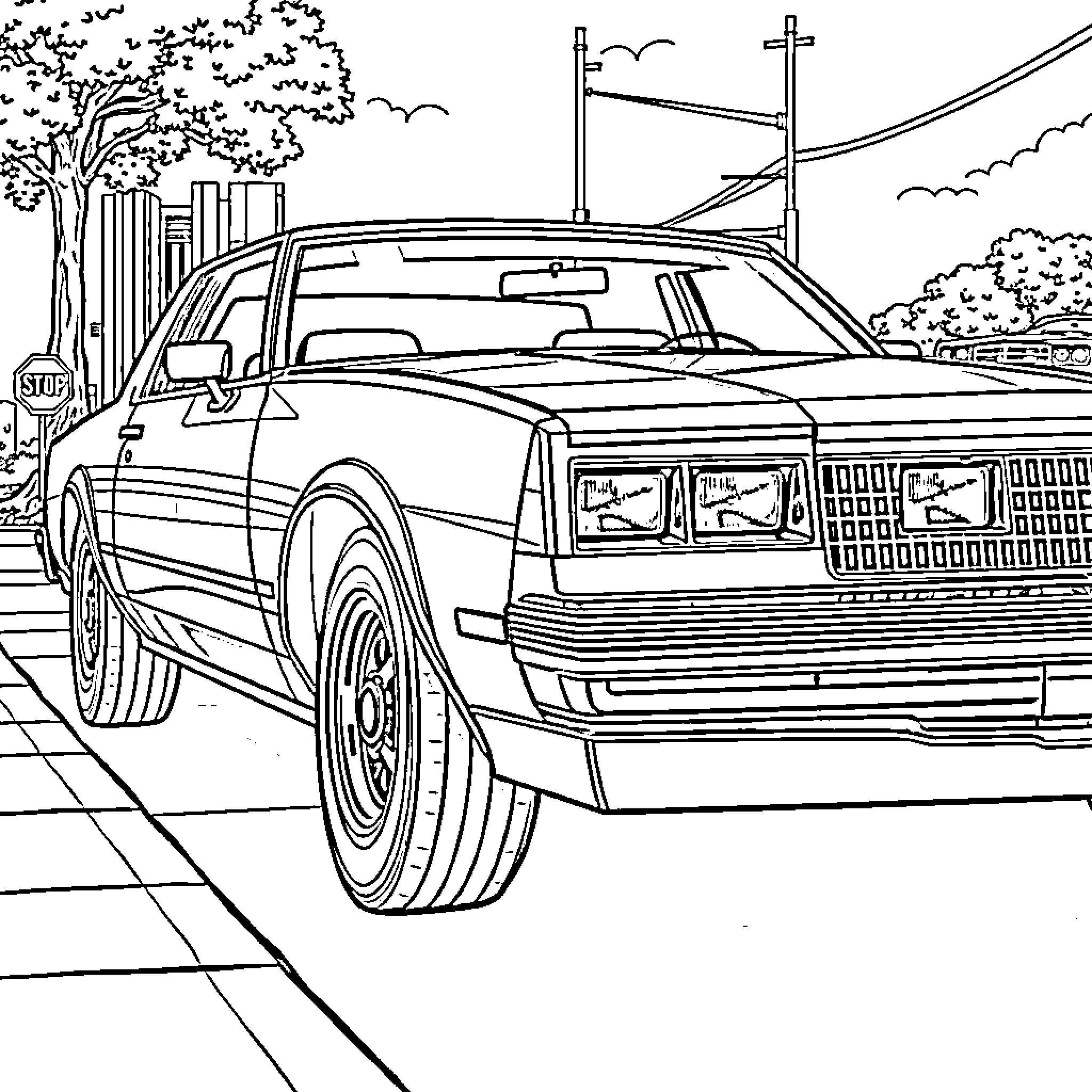 Cutlass on the Road: A Classic Car's Journey Coloring Page (free black-and-white line drawing printable PDF for all, from beginners to advanced learners, including children, teens, adults, and seniors)
