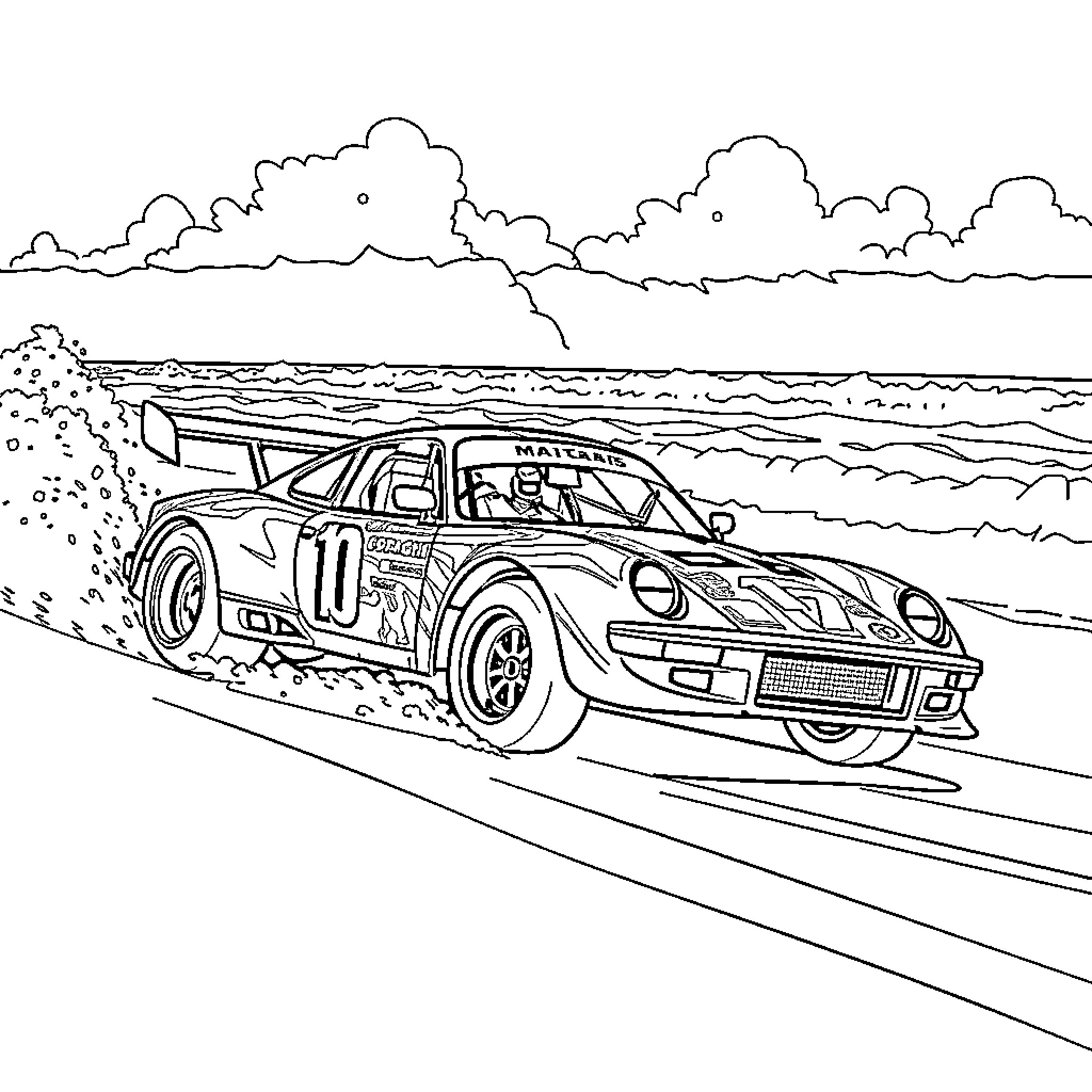 Racing Car Speeding on the Beach Coloring Page (free black-and-white line drawing printable PDF for all, from beginners to advanced learners, including children, teens, adults, and seniors)