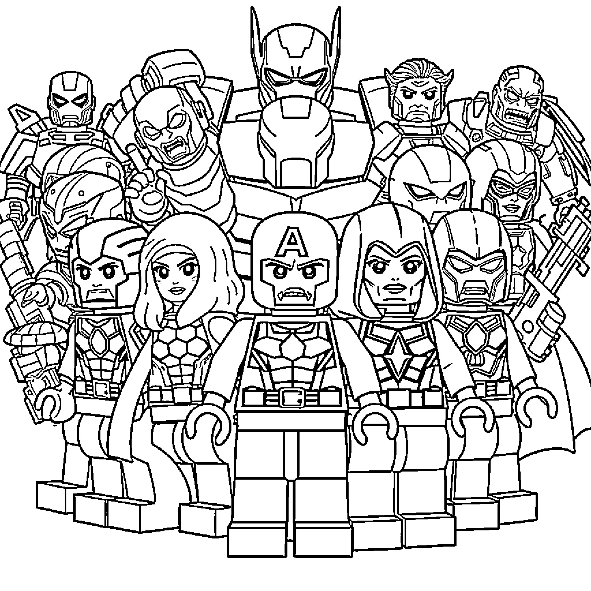 Lego Avengers Assemble for Action and Adventure Coloring Page (free black-and-white line drawing printable PDF for all, from beginners to advanced learners, including children, teens, adults, and seniors)