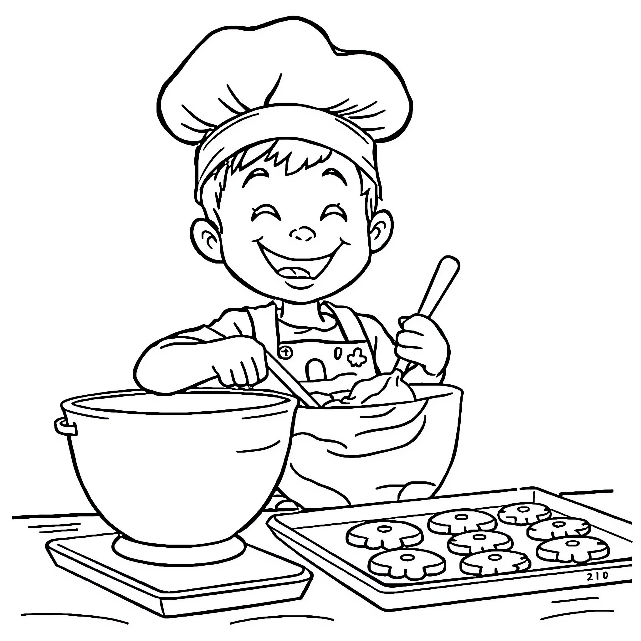Child baking and cooking happily in the kitchen Coloring Page (free black-and-white line drawing printable PDF for all, from beginners to advanced learners, including children, teens, adults, and seniors)