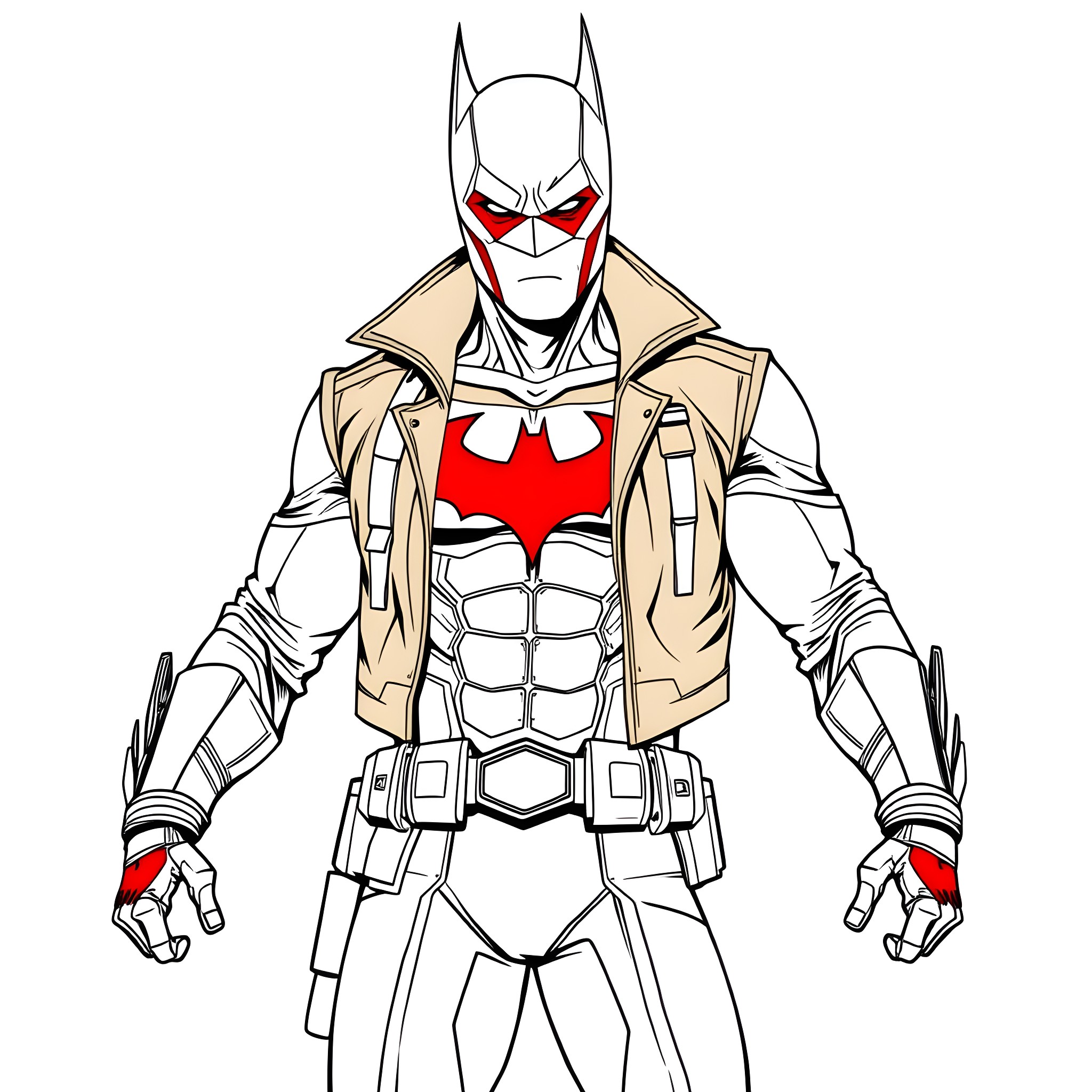Red Hood in Heroic Superhero Pose Coloring Page (free black-and-white line drawing printable PDF for all, from beginners to advanced learners, including children, teens, adults, and seniors)
