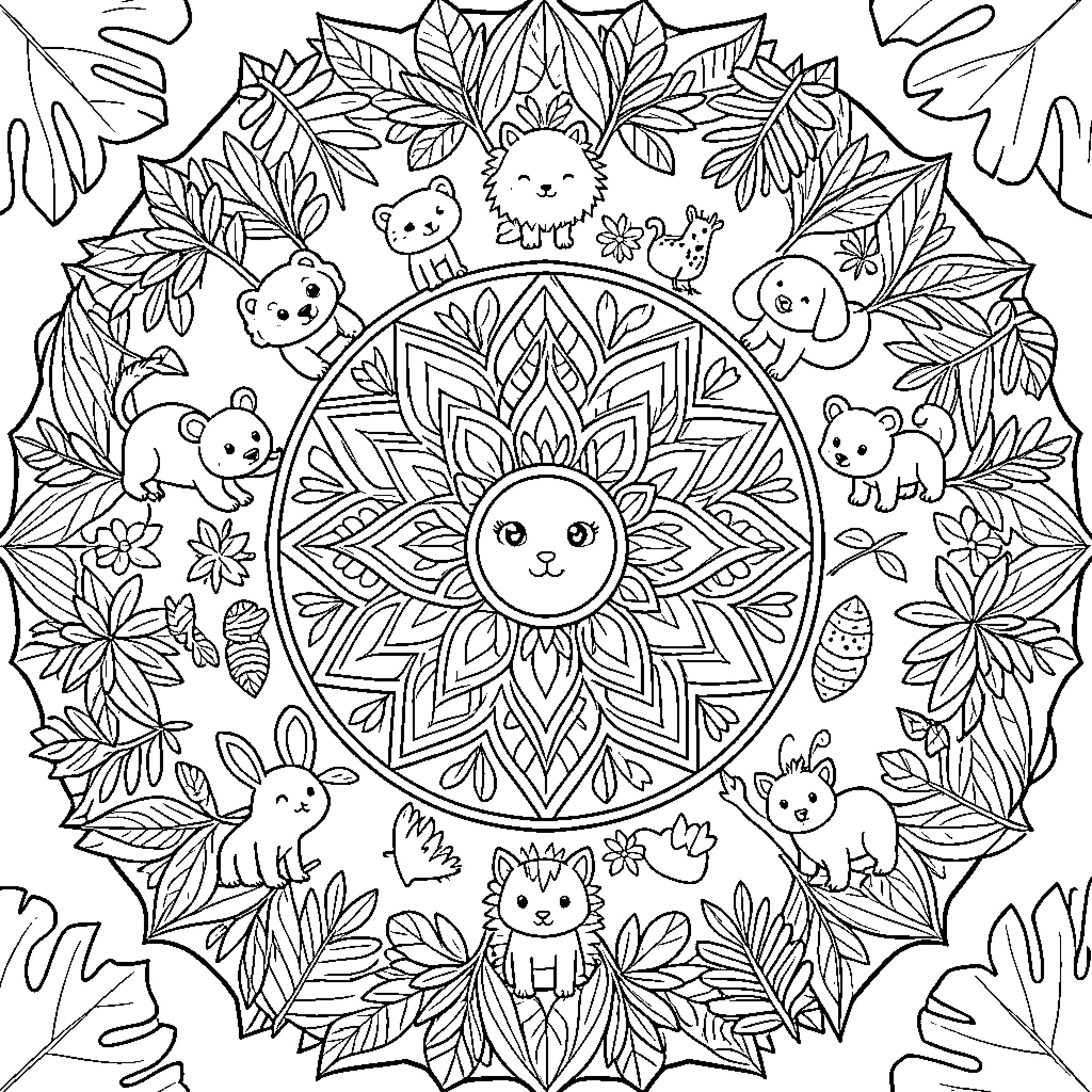 Jungle Mandala featuring cute animals among tropical leaves Coloring Page (free black-and-white line drawing printable PDF for all, from beginners to advanced learners, including children, teens, adults, and seniors)