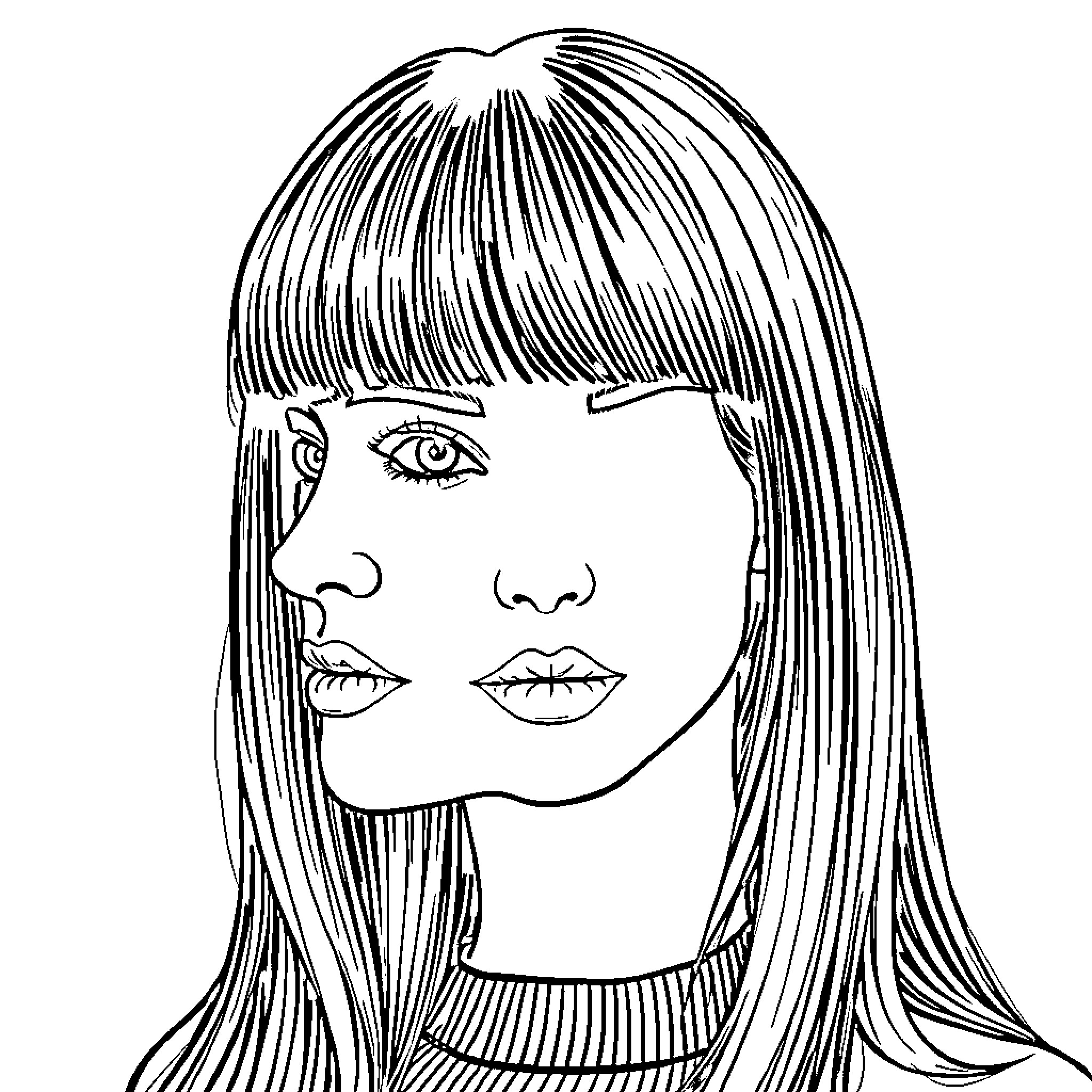 Woman with expressive facial features and long hair Coloring Page (free black-and-white line drawing printable PDF for all, from beginners to advanced learners, including children, teens, adults, and seniors)