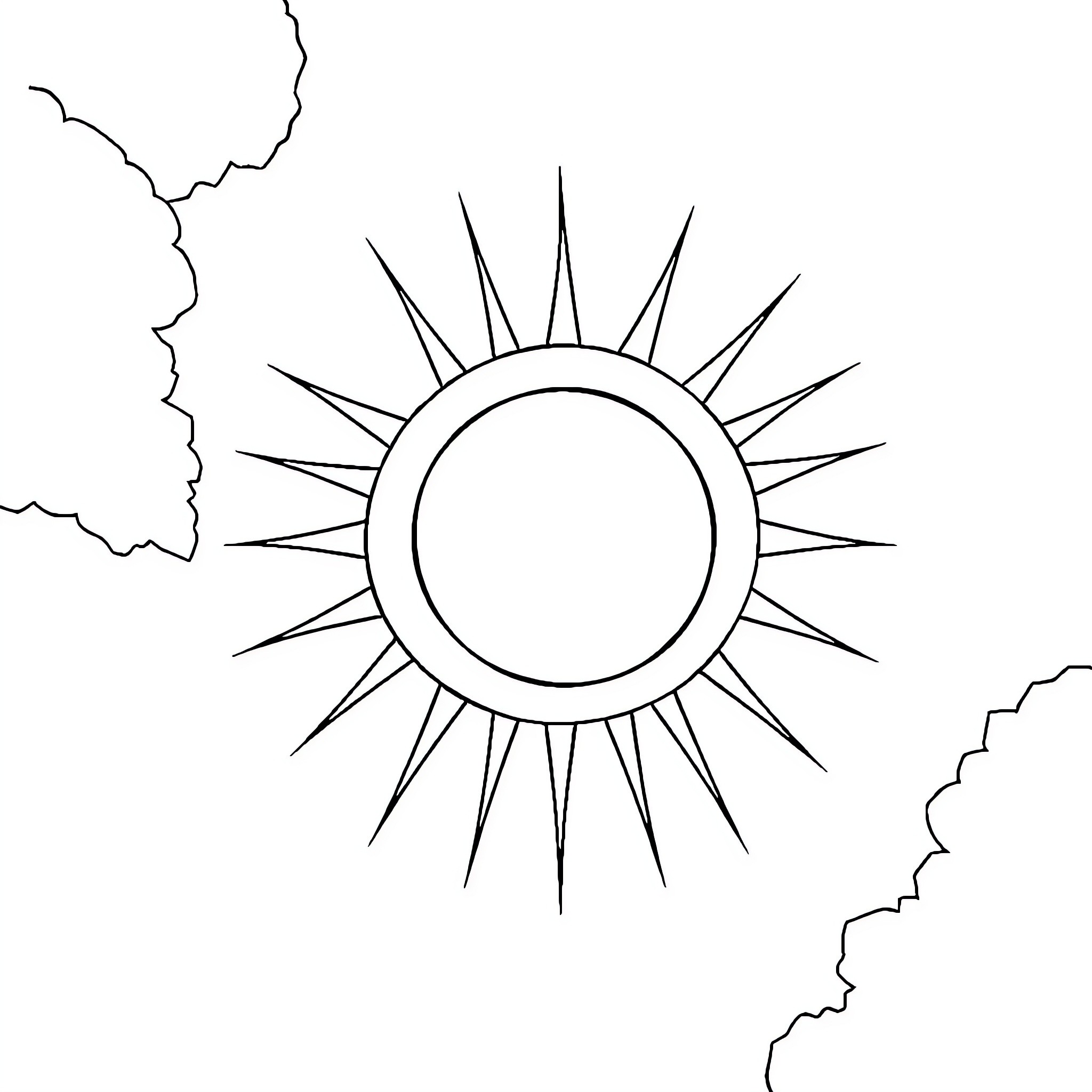 Sun shining brightly in the cloudy sky Coloring Page (free black-and-white line drawing printable PDF for all, from beginners to advanced learners, including children, teens, adults, and seniors)