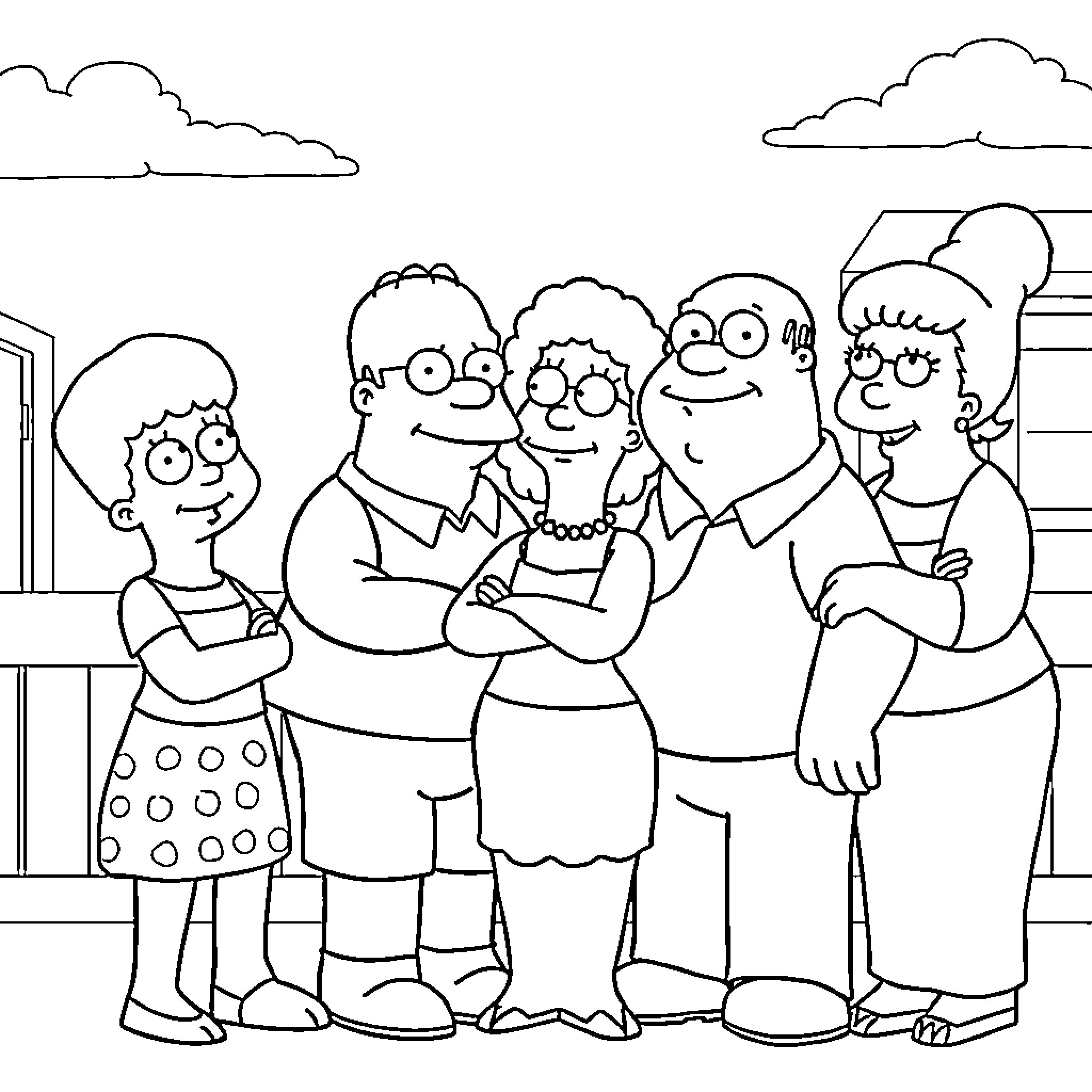 Simpson family members posing together Coloring Page (free black-and-white line drawing printable PDF for all, from beginners to advanced learners, including children, teens, adults, and seniors)