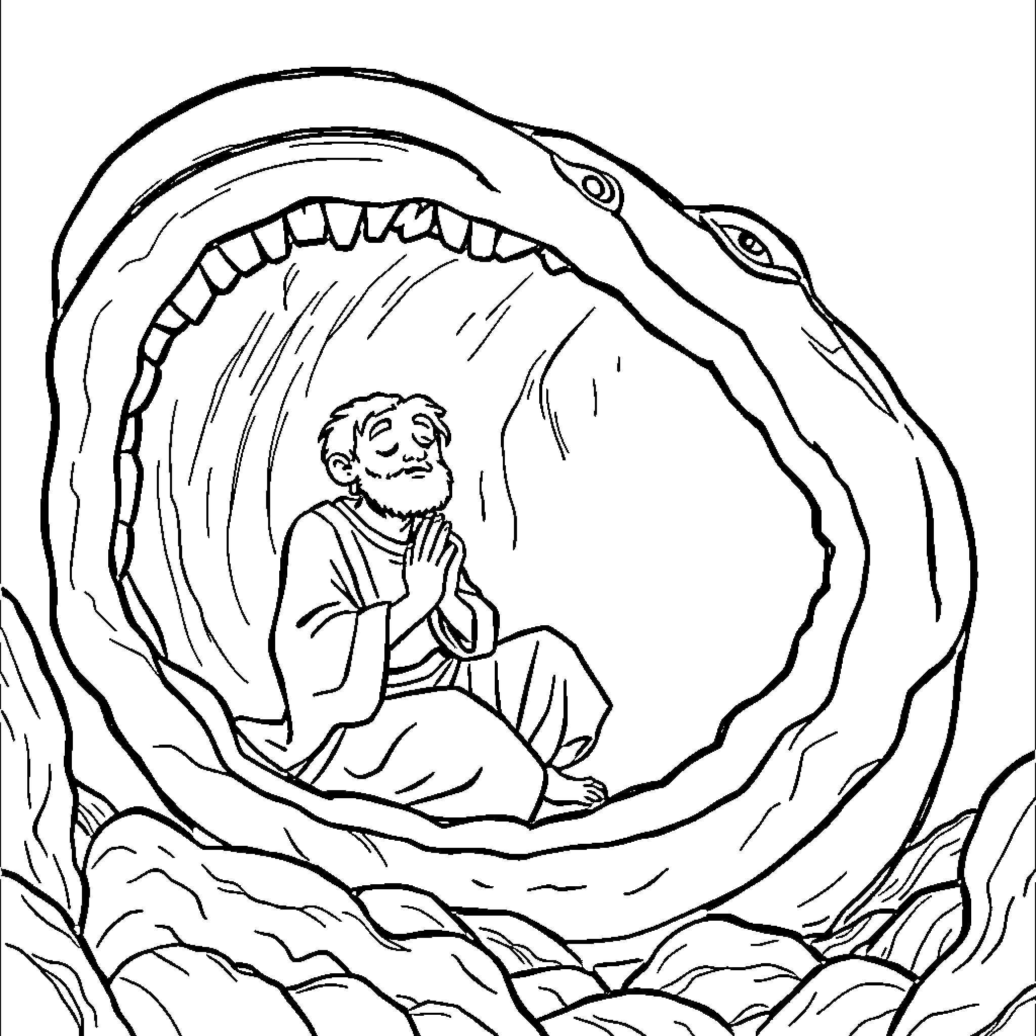 Jonah resting inside the whale's mouth Coloring Page (free black-and-white line drawing printable PDF for all, from beginners to advanced learners, including children, teens, adults, and seniors)