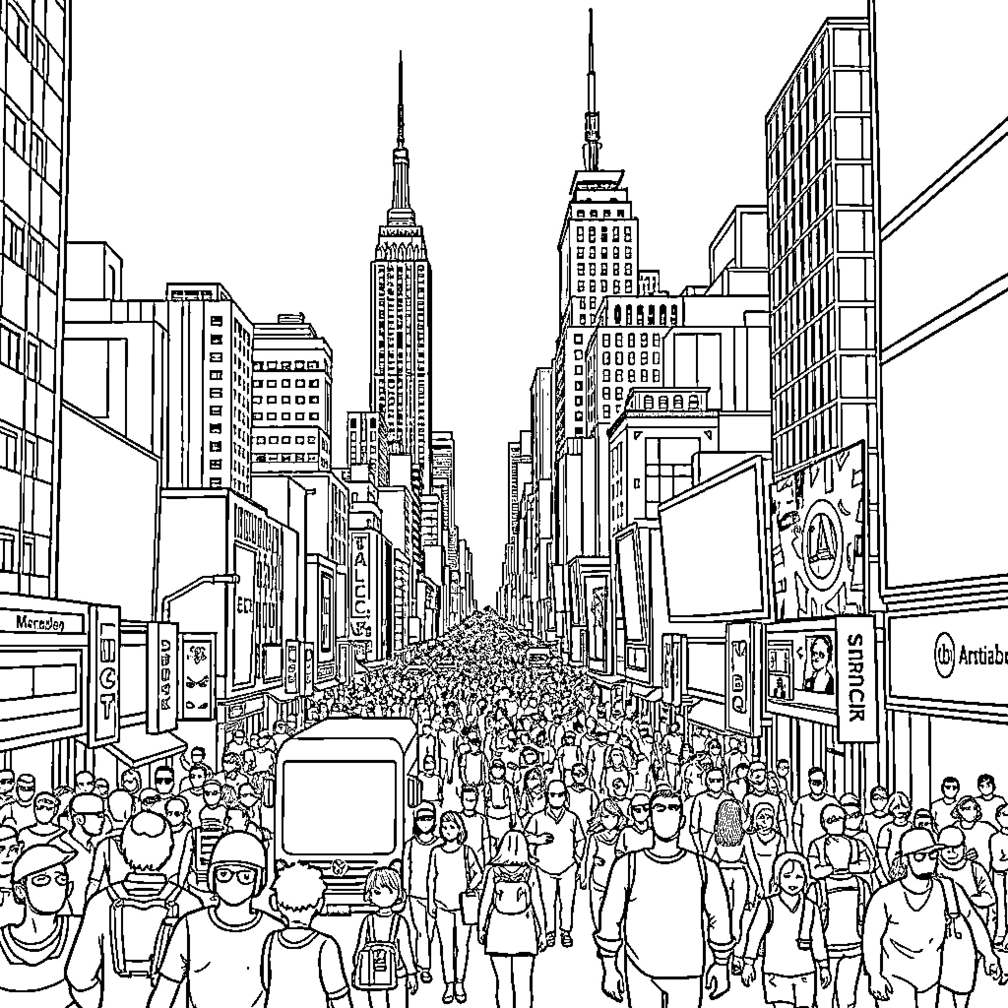 City bustling with people and skyscrapers Coloring Page (free black-and-white line drawing printable PDF for all, from beginners to advanced learners, including children, teens, adults, and seniors)