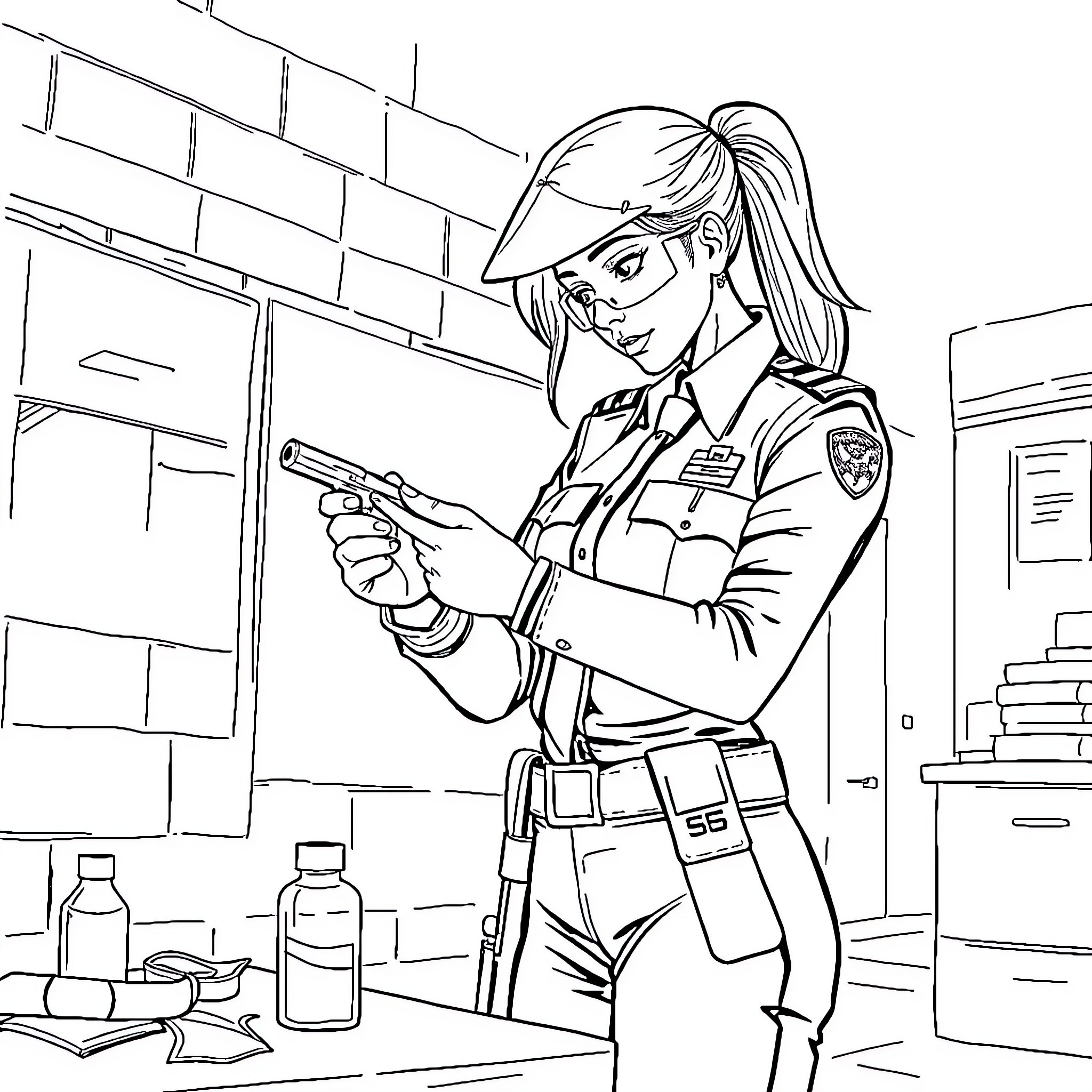Police Officer Holding Gun in Investigative Scene Coloring Page (free black-and-white line drawing printable PDF for all, from beginners to advanced learners, including children, teens, adults, and seniors)