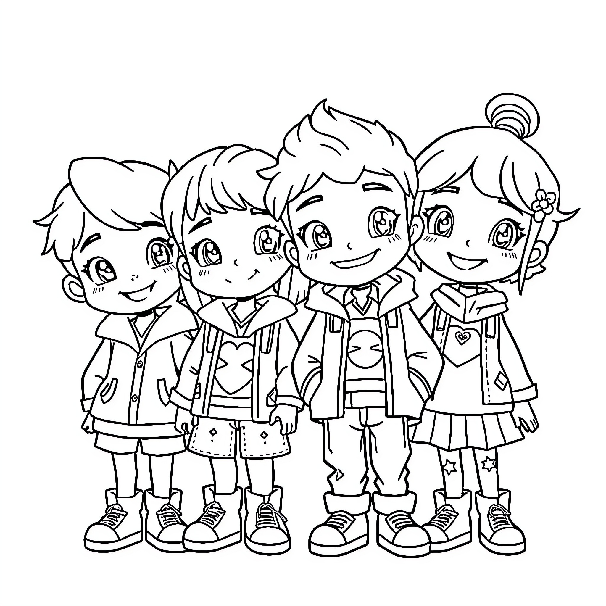 BT21 Friends Enjoying School Uniforms Together Coloring Page (free black-and-white line drawing printable PDF for all, from beginners to advanced learners, including children, teens, adults, and seniors)
