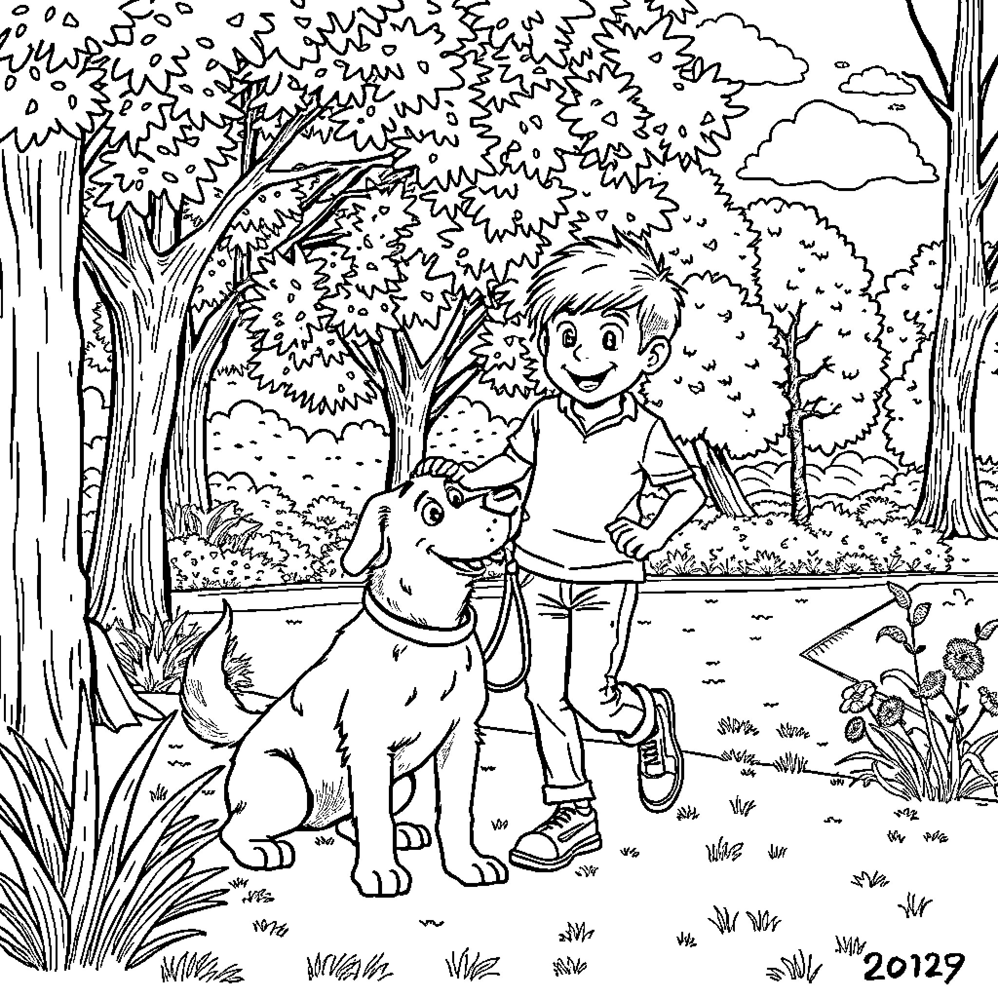 Arthur and his friendly dog in the park Coloring Page (free black-and-white line drawing printable PDF for all, from beginners to advanced learners, including children, teens, adults, and seniors)