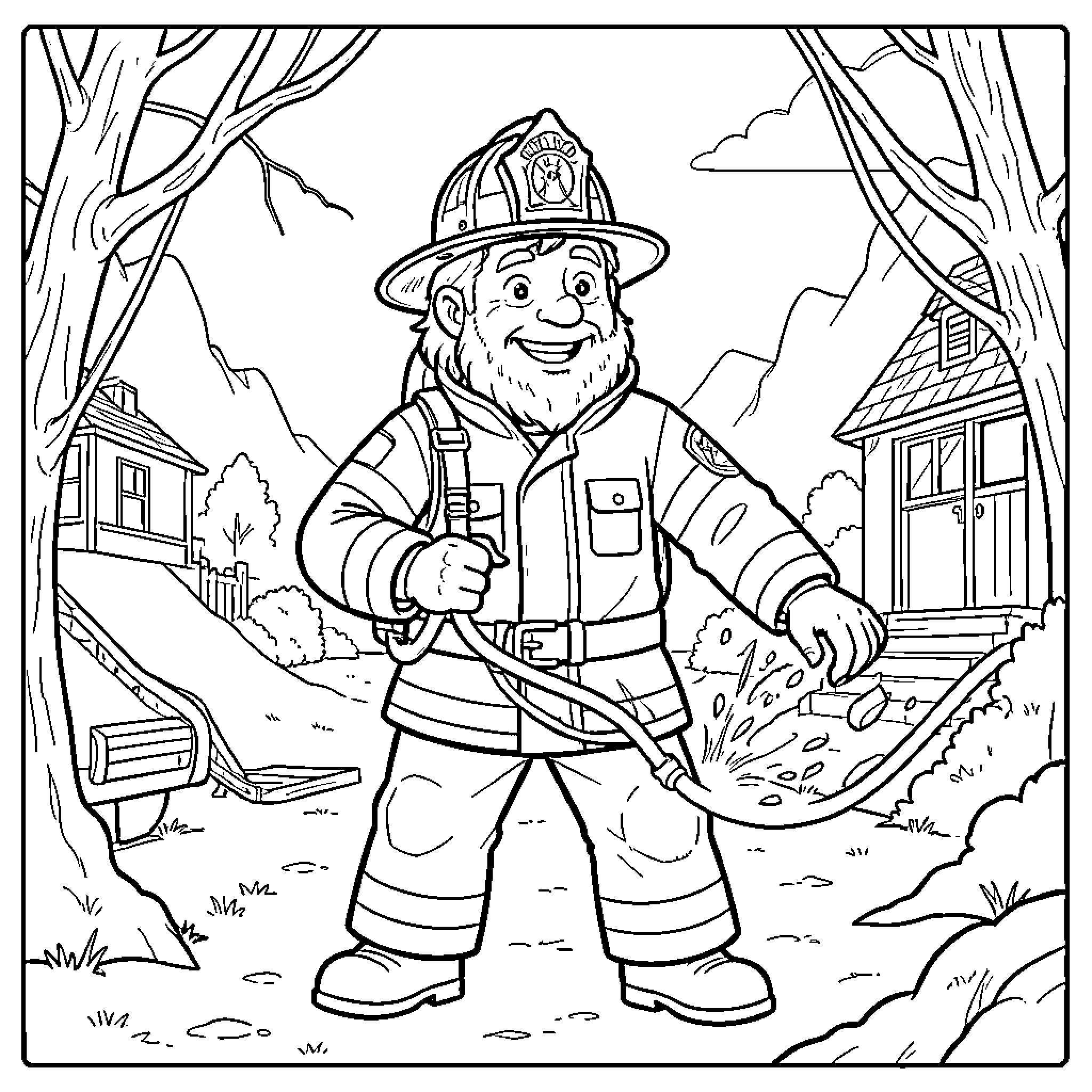 François the firefighter holding a hose in a village Coloring Page (free black-and-white line drawing printable PDF for all, from beginners to advanced learners, including children, teens, adults, and seniors)