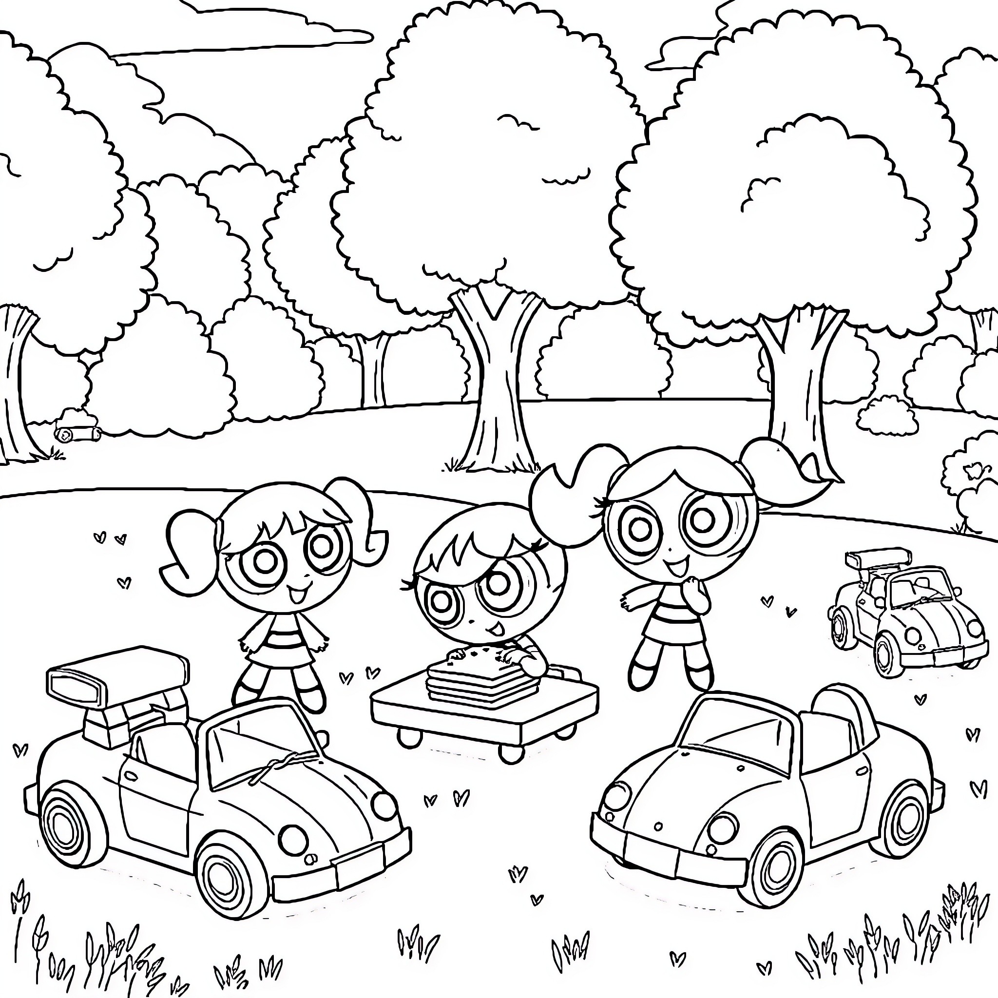 Powerpuff Girls playing in a cartoon forest with cars Coloring Page (free black-and-white line drawing printable PDF for all, from beginners to advanced learners, including children, teens, adults, and seniors)