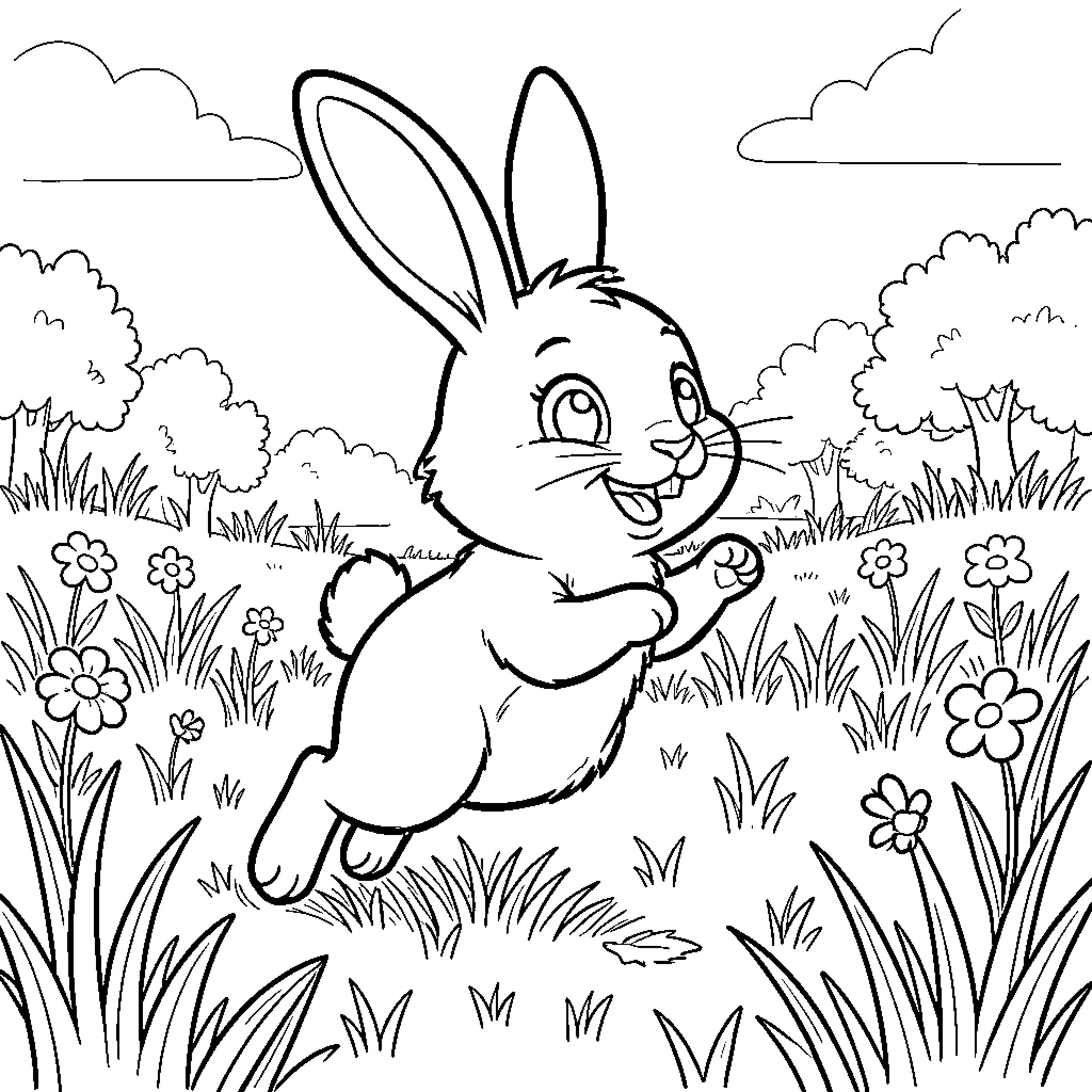 Simon Lapin jumping joyfully through a flowery meadow Coloring Page (free black-and-white line drawing printable PDF for all, from beginners to advanced learners, including children, teens, adults, and seniors)