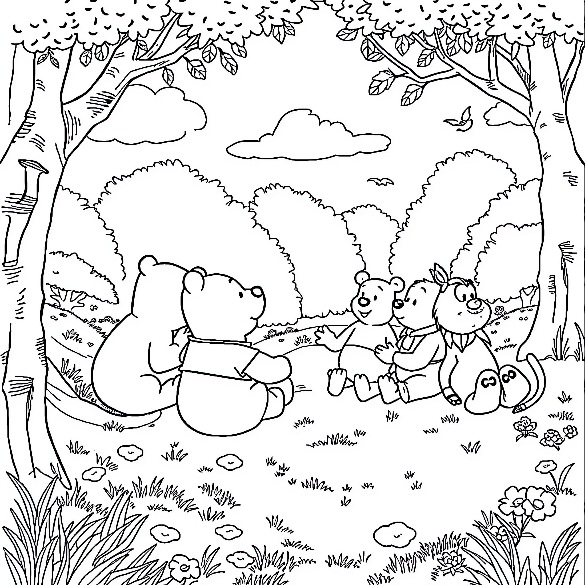 Pooh and friends exploring the enchanting forest Coloring Page (free black-and-white line drawing printable PDF for all, from beginners to advanced learners, including children, teens, adults, and seniors)