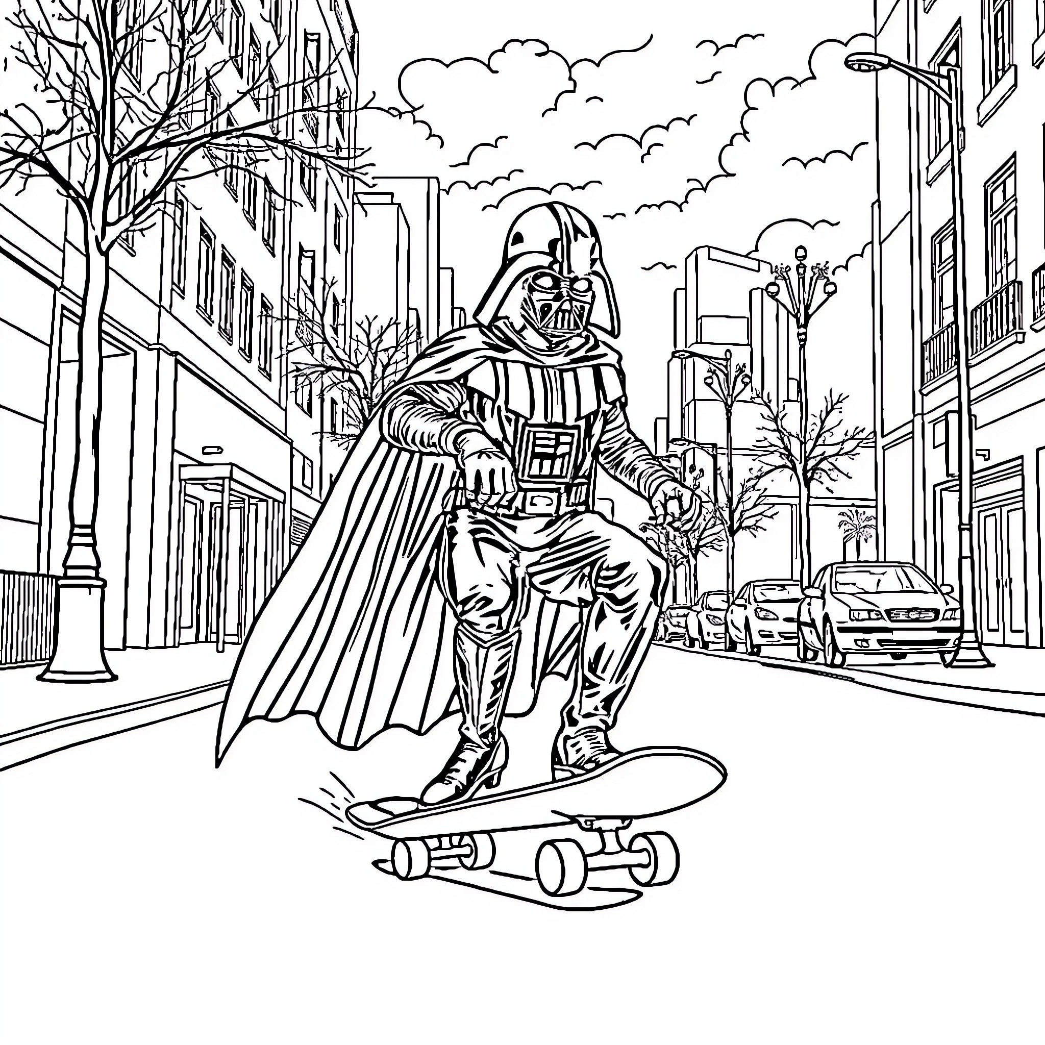 Darth Vader riding a skateboard through the city Coloring Page (free black-and-white line drawing printable PDF for all, from beginners to advanced learners, including children, teens, adults, and seniors)