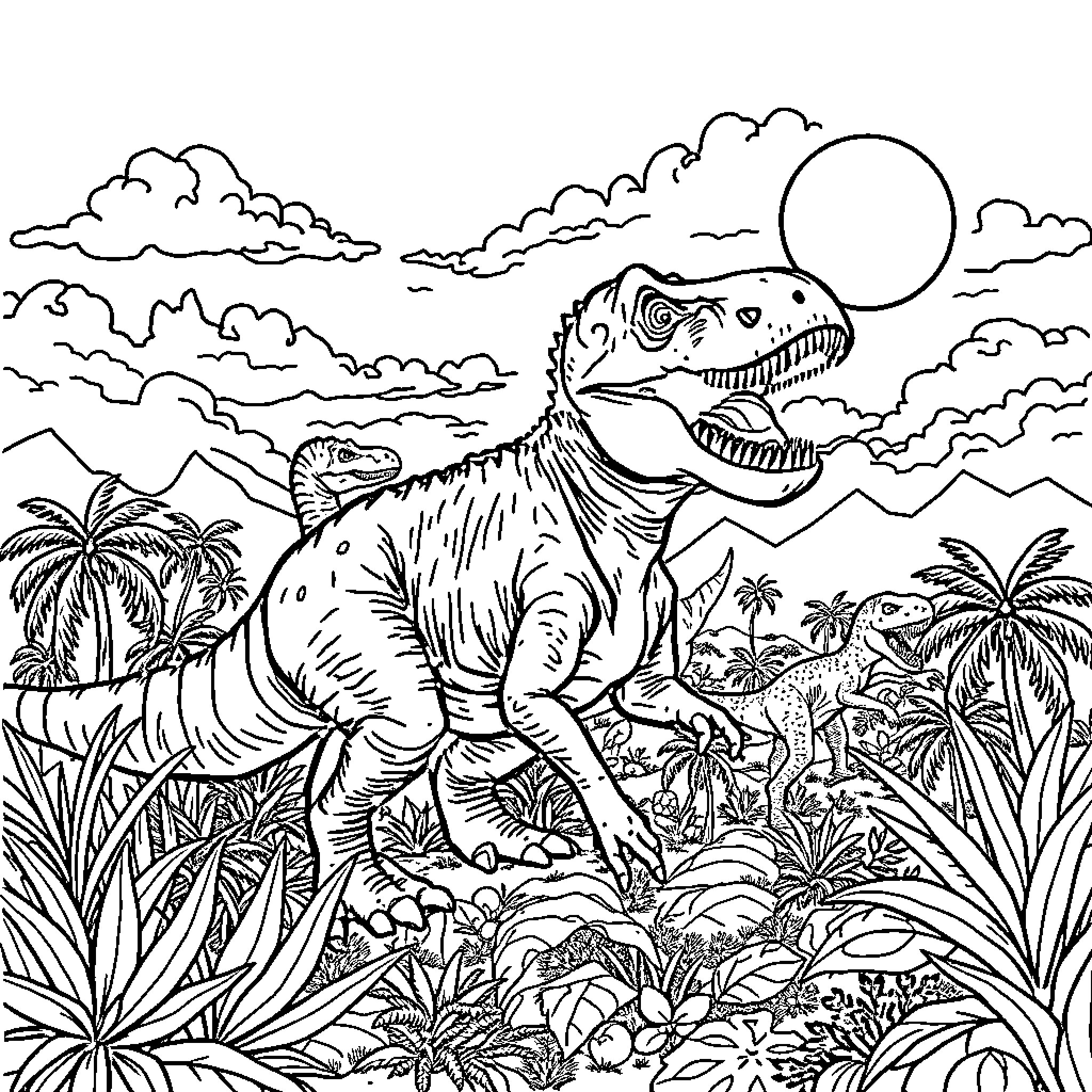 Dinosaur Roaming in Prehistoric Landscape Coloring Page (free black-and-white line drawing printable PDF for all, from beginners to advanced learners, including children, teens, adults, and seniors)