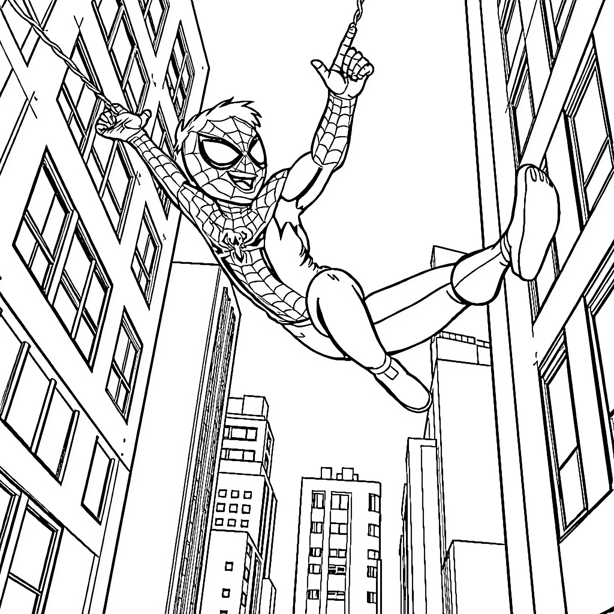 Boy heroically swinging between city skyscrapers Coloring Page (free black-and-white line drawing printable PDF for all, from beginners to advanced learners, including children, teens, adults, and seniors)