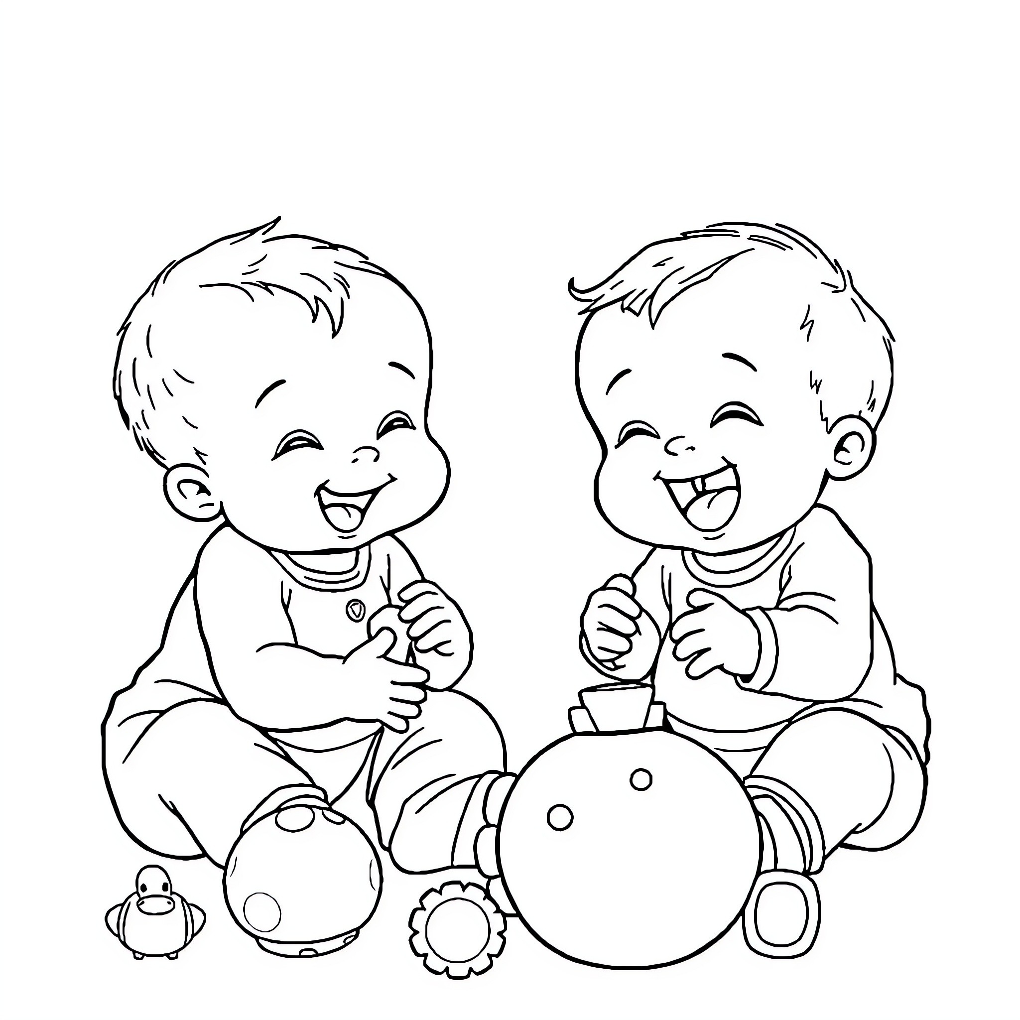 Baby Siblings Playing with Toys Happily Coloring Page (free black-and-white line drawing printable PDF for all, from beginners to advanced learners, including children, teens, adults, and seniors)