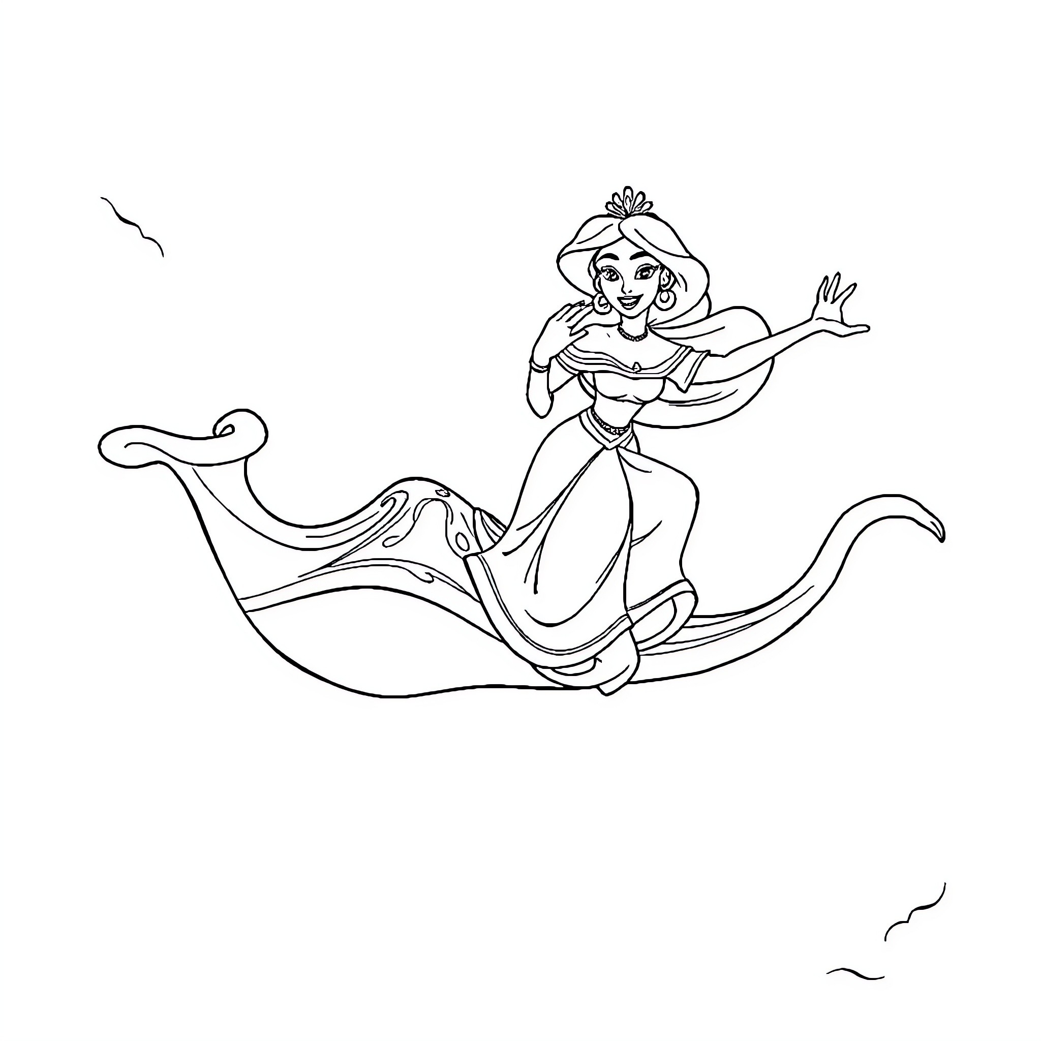 Jasmine riding on a magic carpet Coloring Page (free black-and-white line drawing printable PDF for all, from beginners to advanced learners, including children, teens, adults, and seniors)