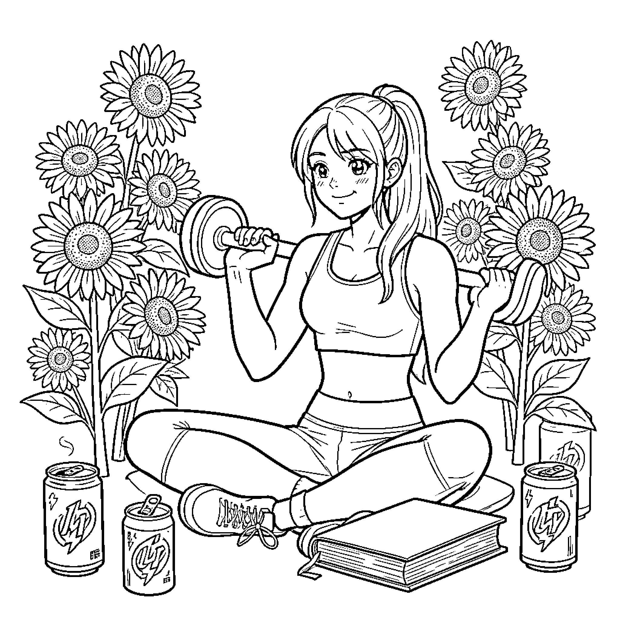 Woman lifting weights while sitting among sunflowers Coloring Page (free black-and-white line drawing printable PDF for all, from beginners to advanced learners, including children, teens, adults, and seniors)