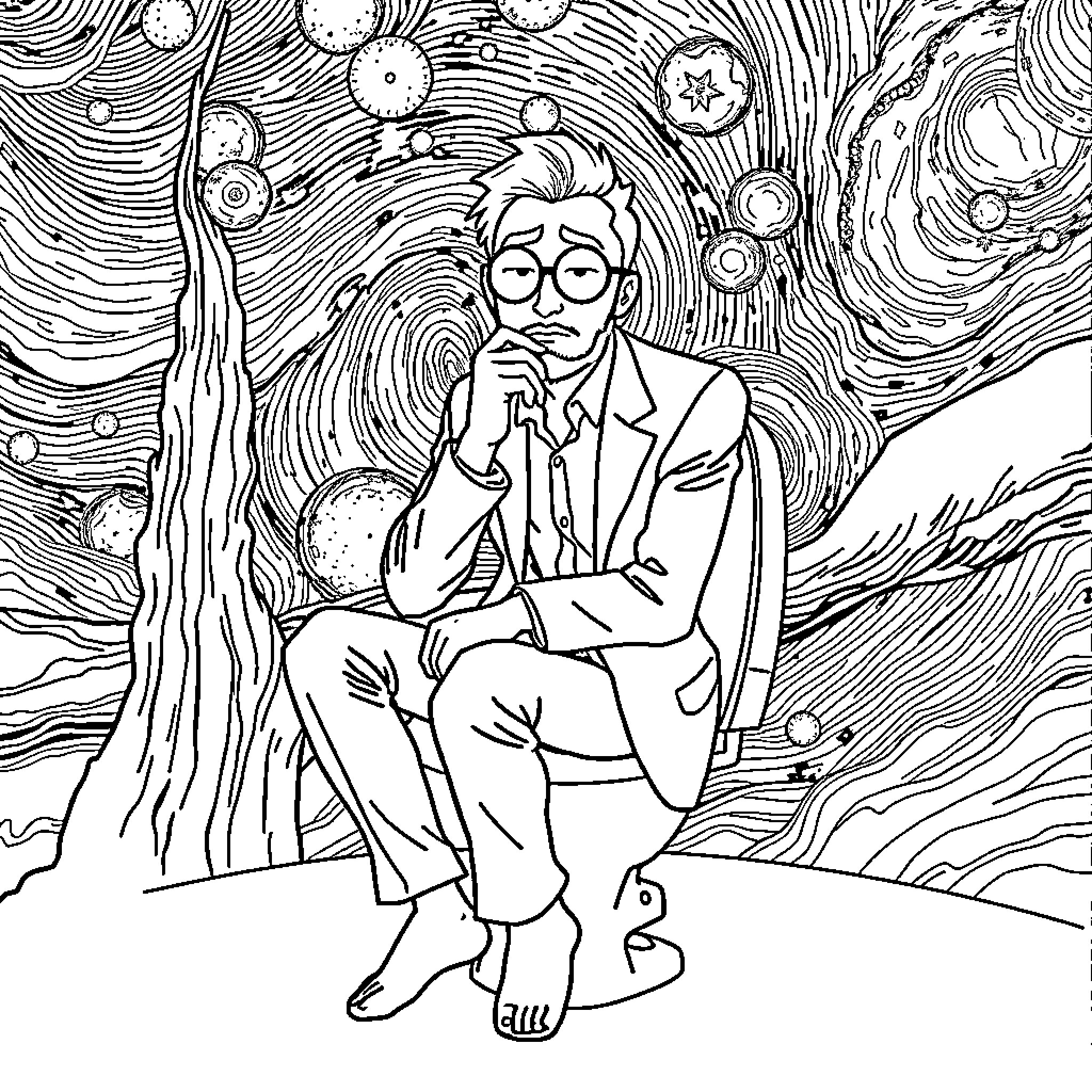 Man ponders cosmic mysteries in surreal landscape Coloring Page (free black-and-white line drawing printable PDF for all, from beginners to advanced learners, including children, teens, adults, and seniors)