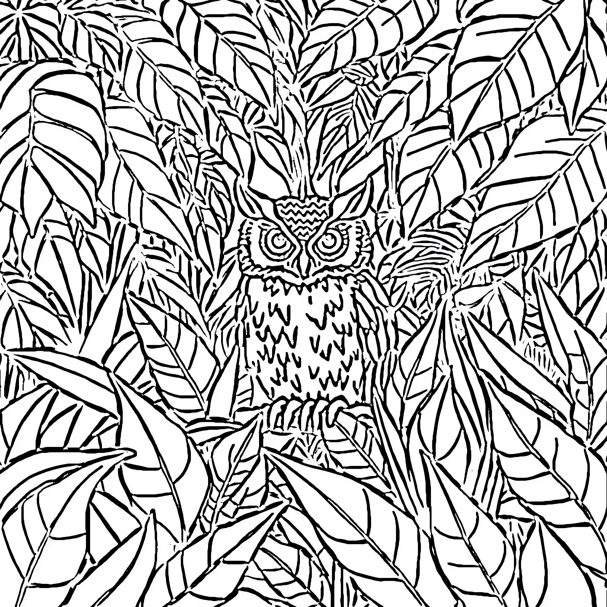 Owl hidden among tropical foliage Coloring Page (free black-and-white line drawing printable PDF for all, from beginners to advanced learners, including children, teens, adults, and seniors)