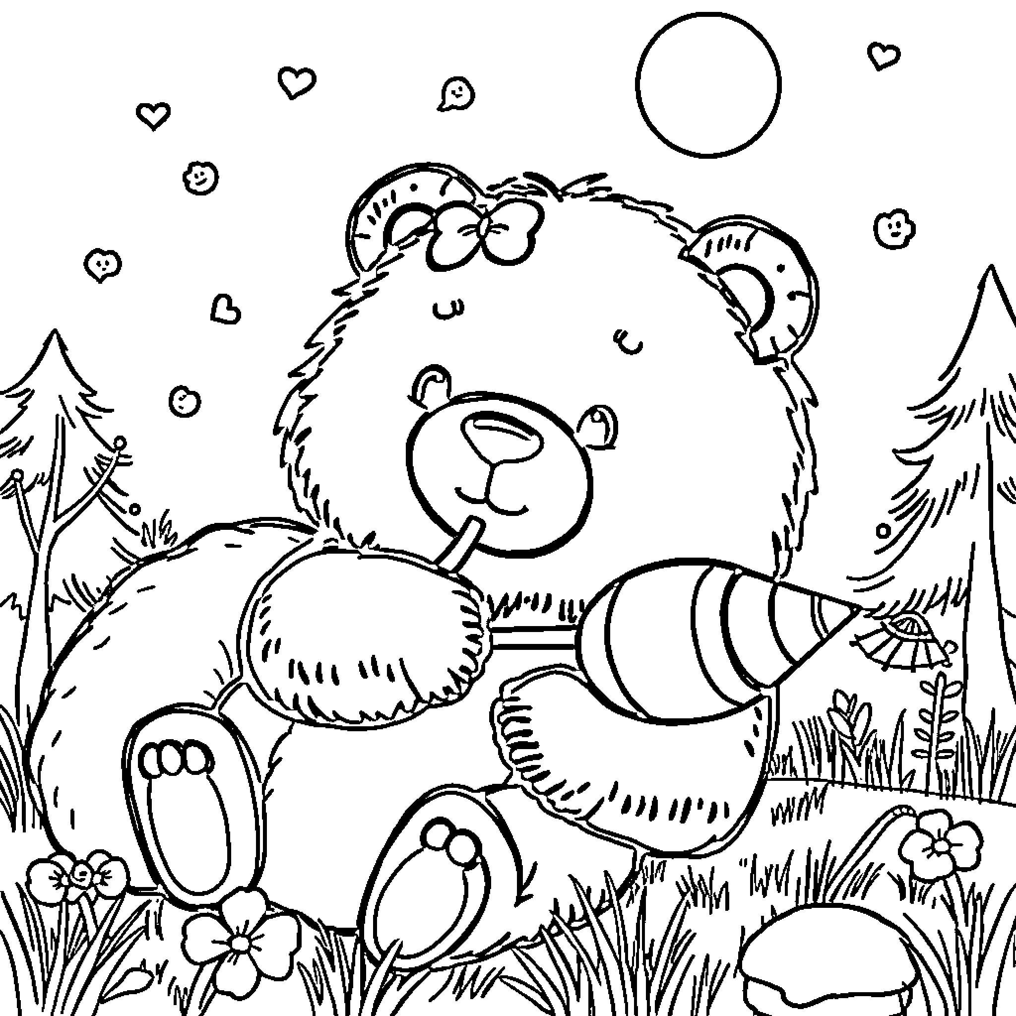Ours: Playful teddy bear in nature Coloring Page (free black-and-white line drawing printable PDF for all, from beginners to advanced learners, including children, teens, adults, and seniors)