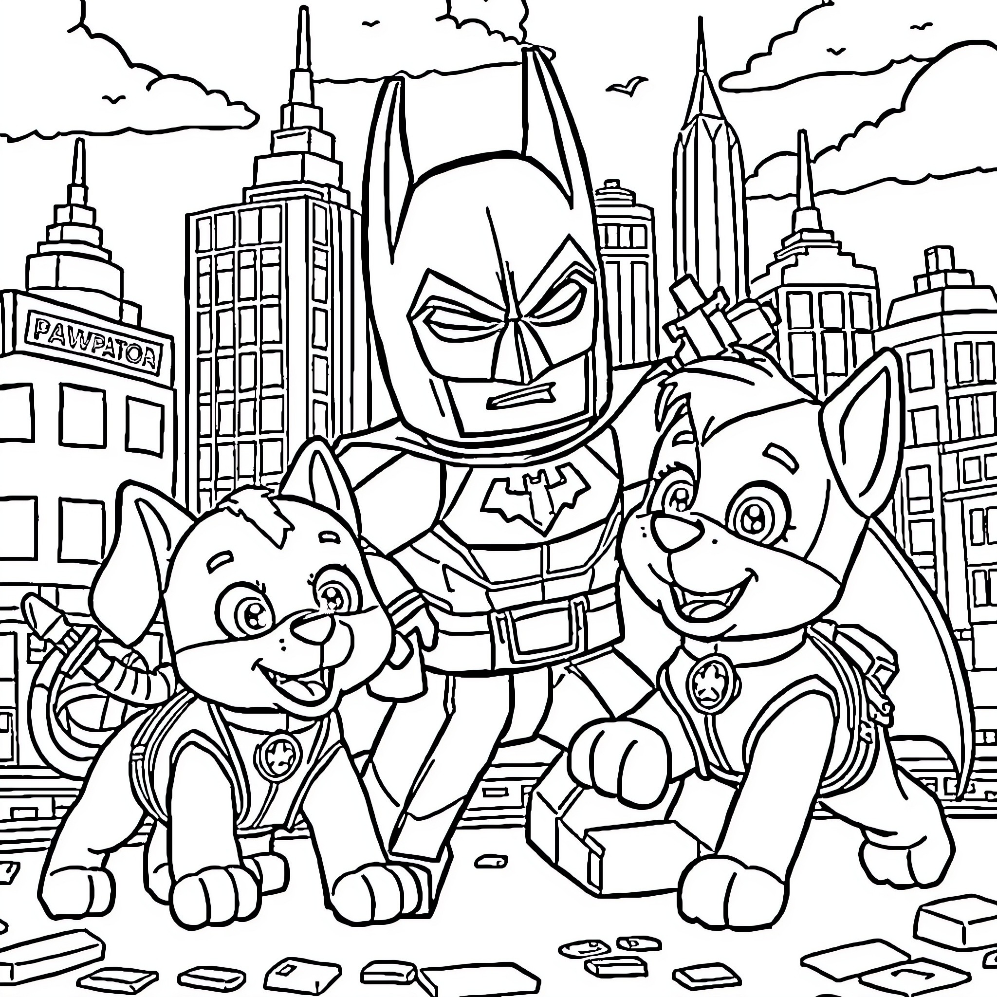 Paw Patrol heroes saving the city with Batman Coloring Page (free black-and-white line drawing printable PDF for all, from beginners to advanced learners, including children, teens, adults, and seniors)