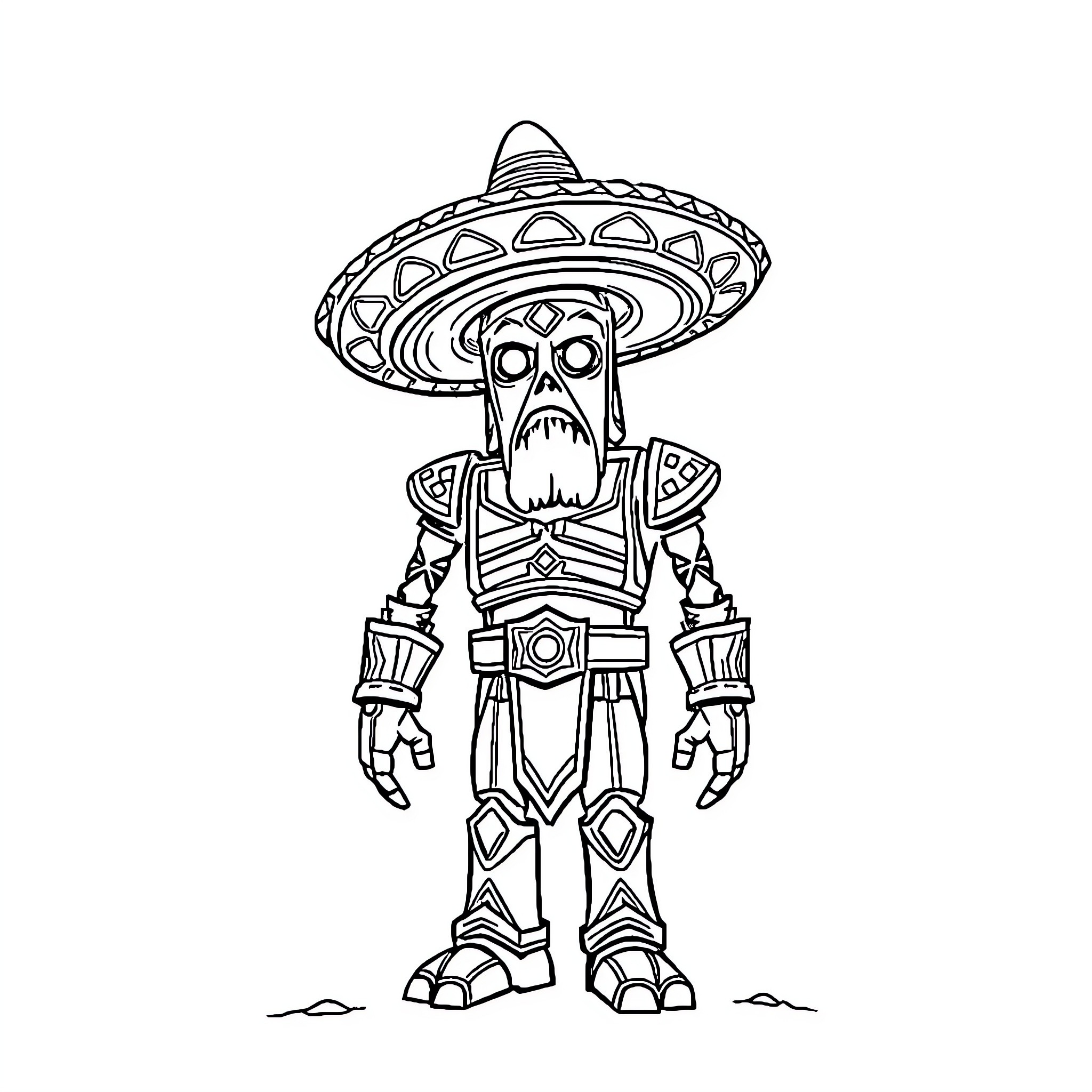 Iron Golem wearing a traditional Mexican sombrero Coloring Page (free black-and-white line drawing printable PDF for all, from beginners to advanced learners, including children, teens, adults, and seniors)