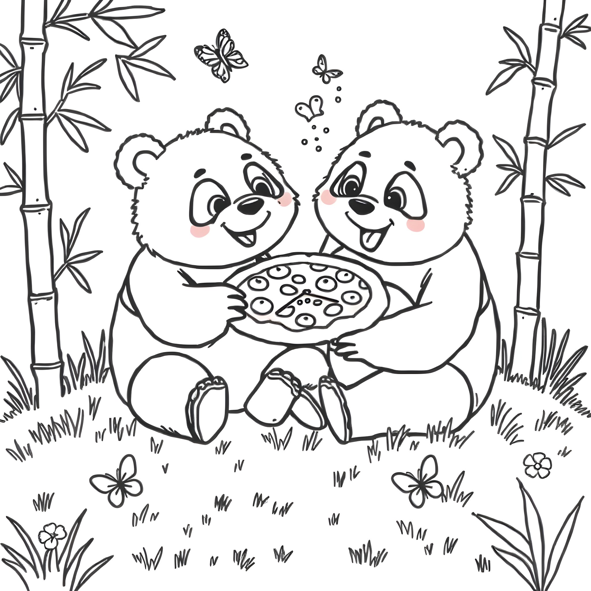 Panda bears sharing a meal in bamboo forest Coloring Page (free black-and-white line drawing printable PDF for all, from beginners to advanced learners, including children, teens, adults, and seniors)