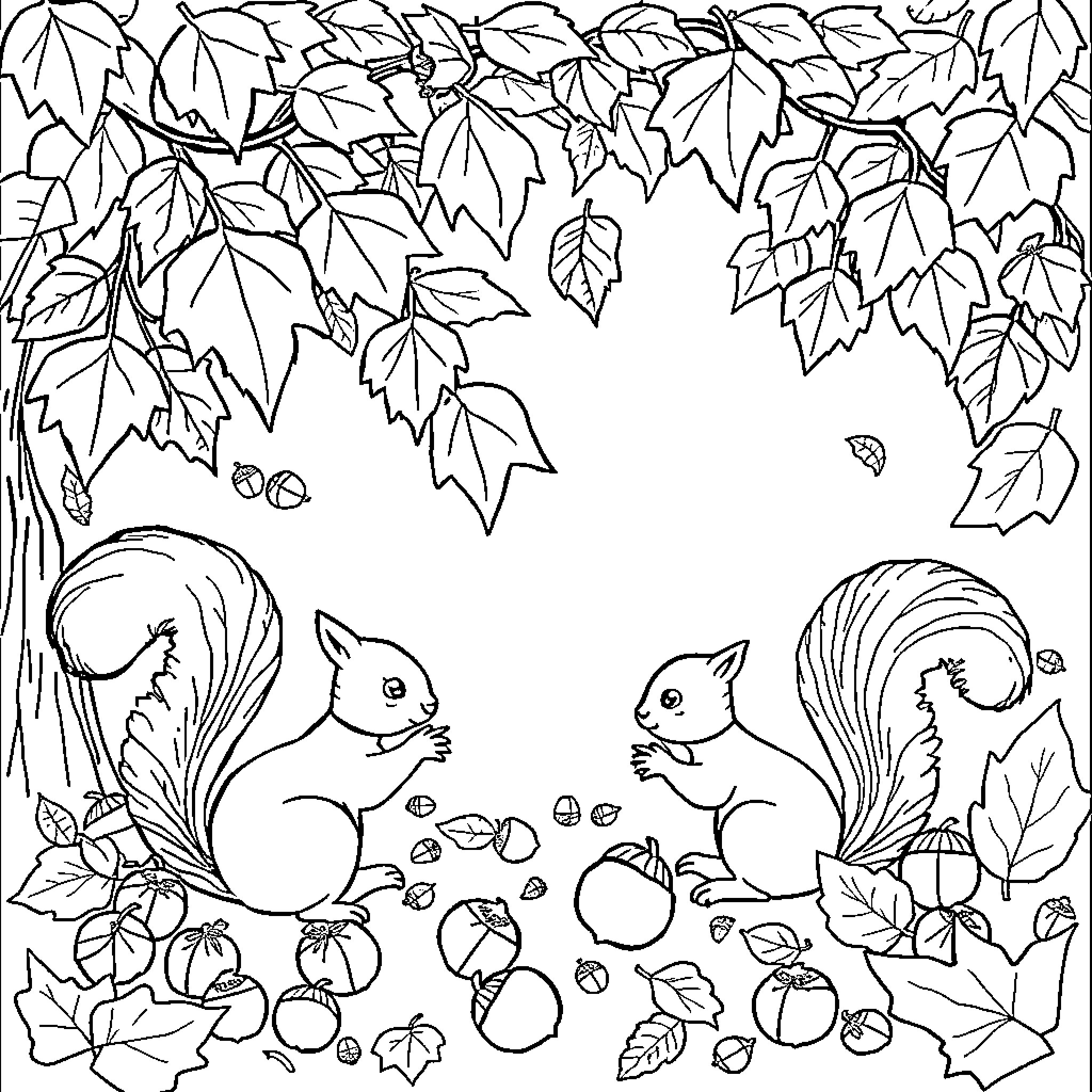 Squirrel gathering acorns among autumn leaves Coloring Page (free black-and-white line drawing printable PDF for all, from beginners to advanced learners, including children, teens, adults, and seniors)