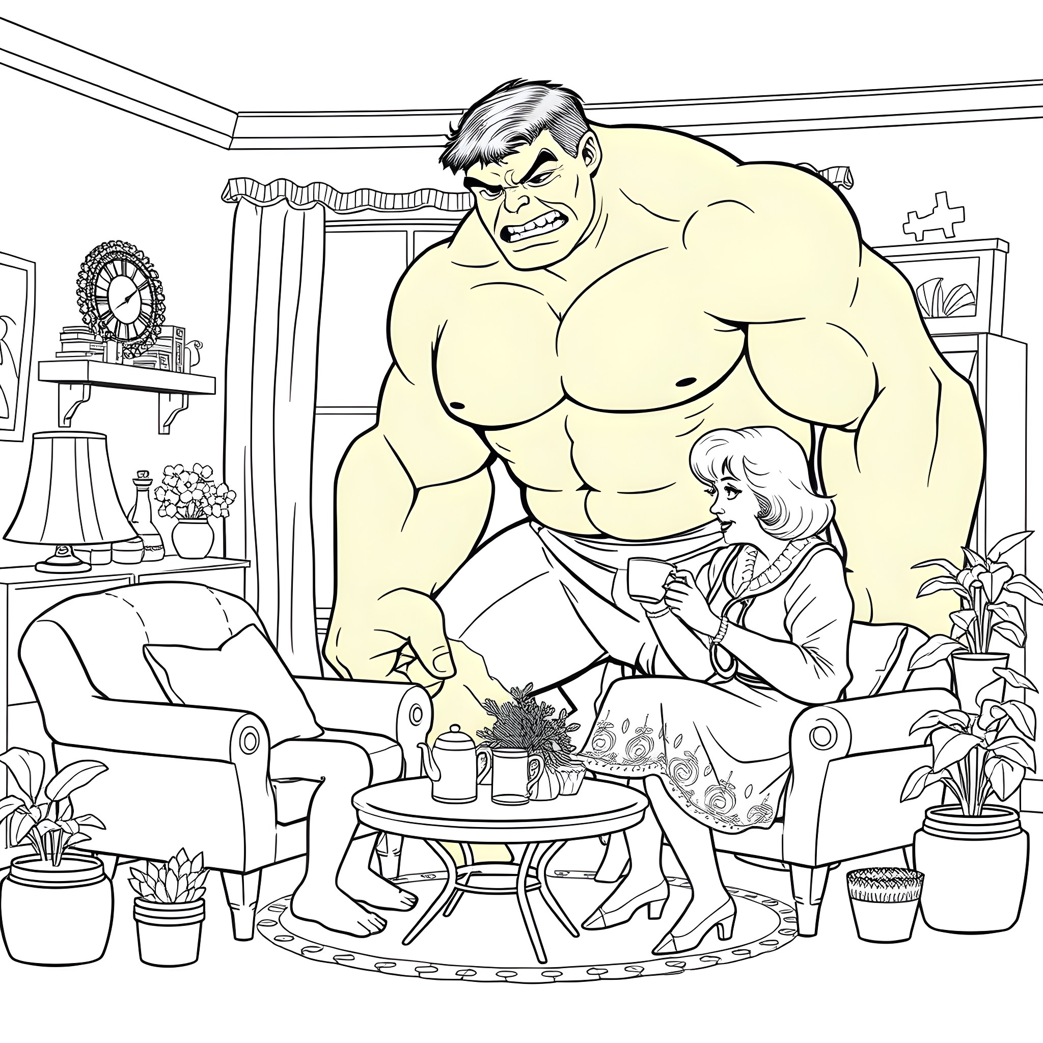Hulk relaxing with a human companion in a cozy home setting Coloring Page (free black-and-white line drawing printable PDF for all, from beginners to advanced learners, including children, teens, adults, and seniors)