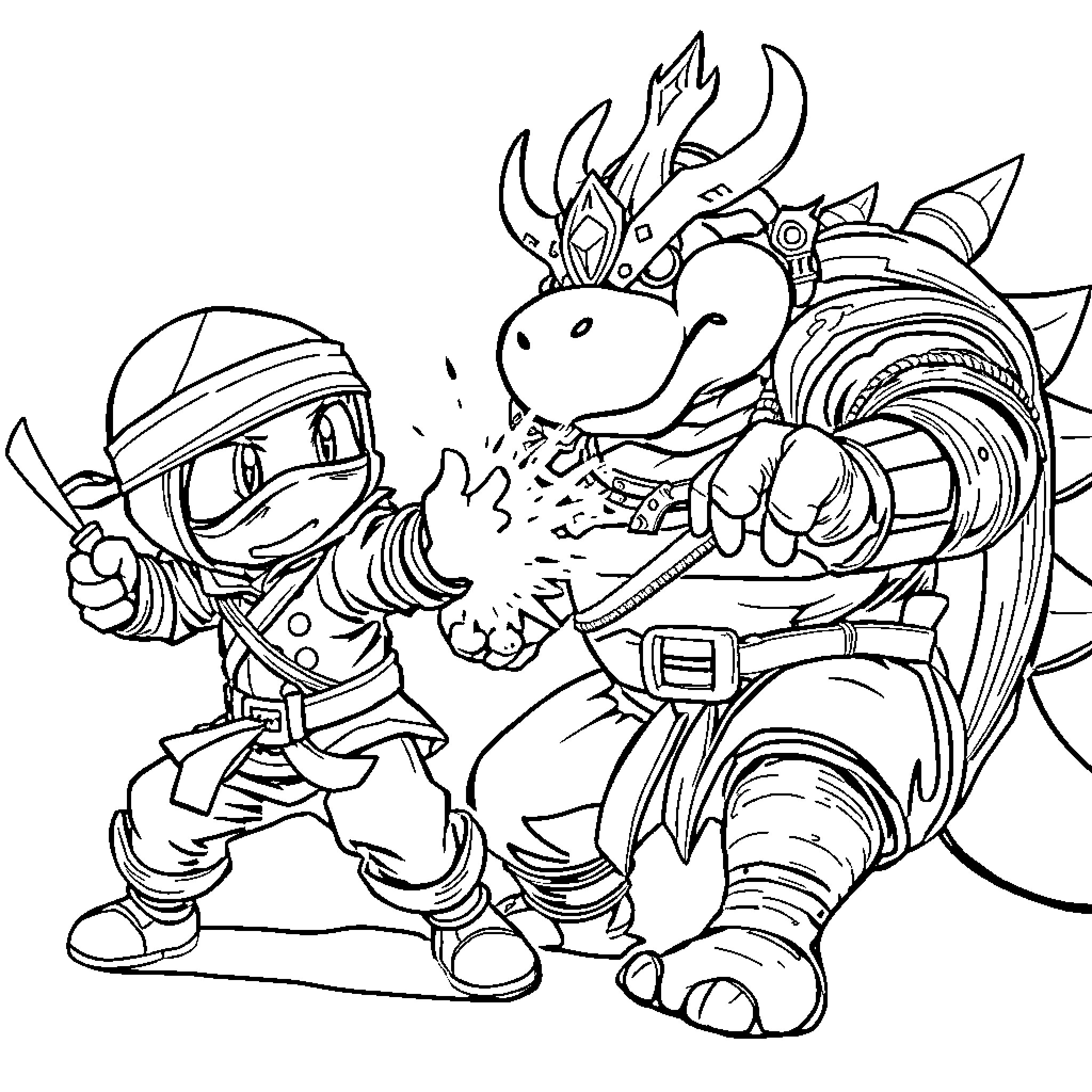 PAC Warrior battles fierce monster Coloring Page (free black-and-white line drawing printable PDF for all, from beginners to advanced learners, including children, teens, adults, and seniors)