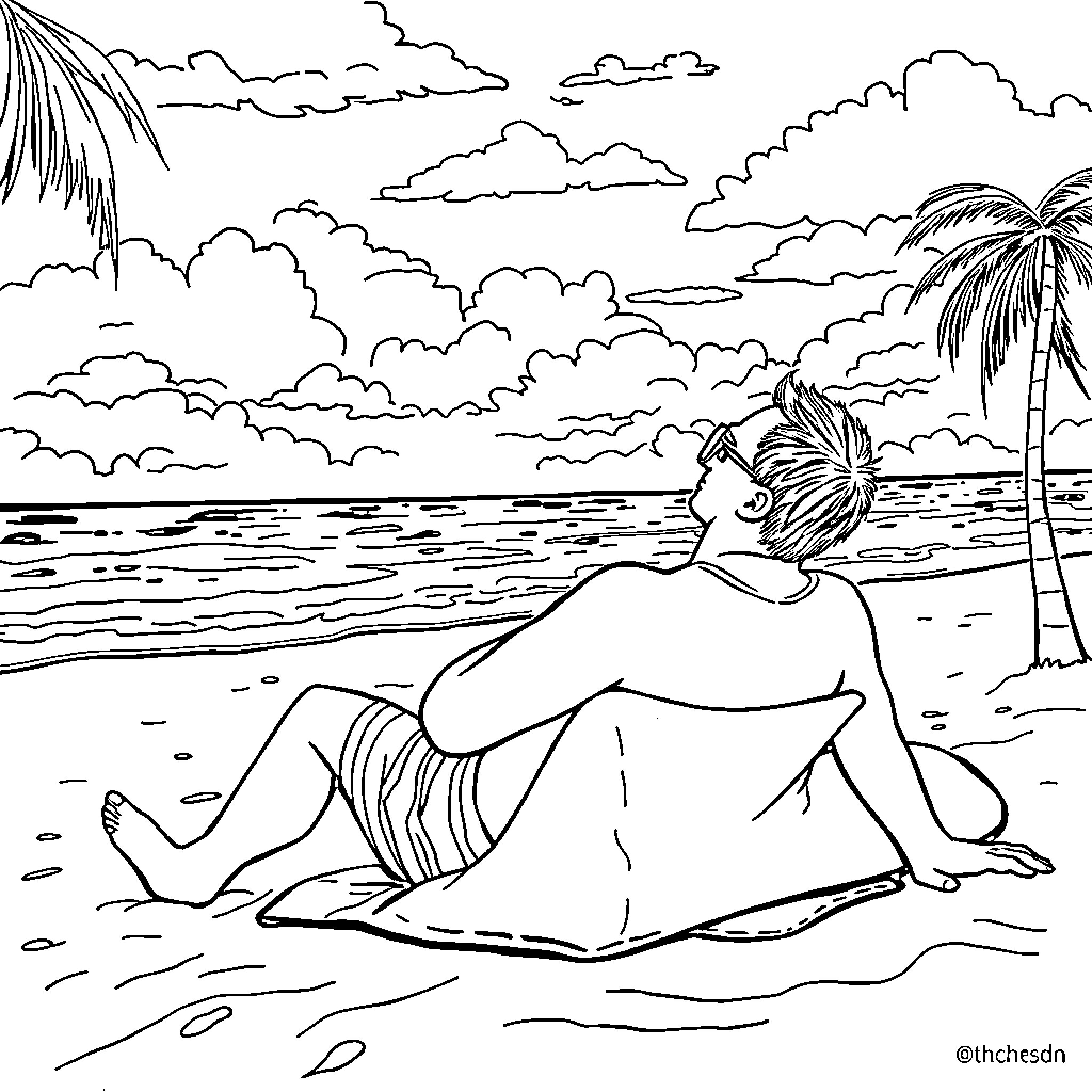 Man relaxing on the beach during sunset Coloring Page (free black-and-white line drawing printable PDF for all, from beginners to advanced learners, including children, teens, adults, and seniors)