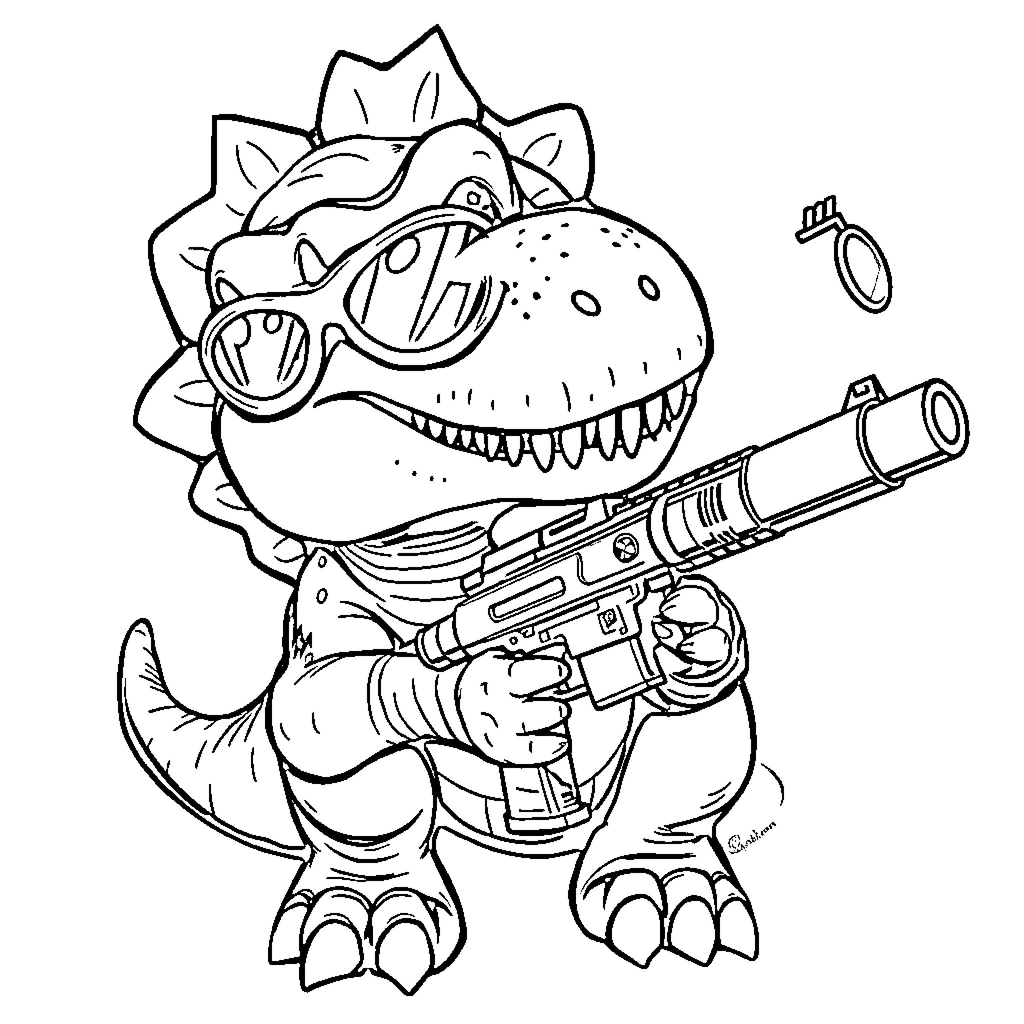 Dinosaur with gun and sunglasses in action pose Coloring Page (free black-and-white line drawing printable PDF for all, from beginners to advanced learners, including children, teens, adults, and seniors)