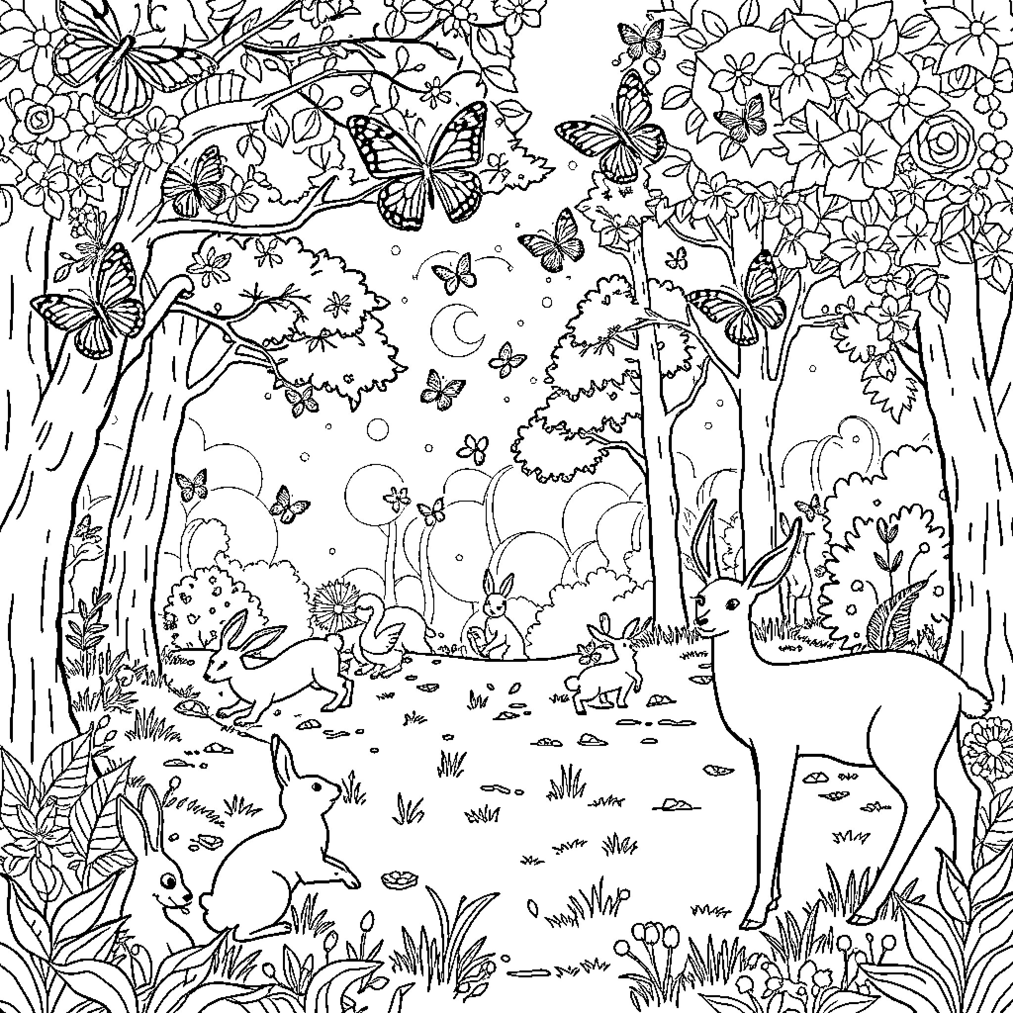 Butterfly Garden with Enchanting Wildlife Coloring Page (free black-and-white line drawing printable PDF for all, from beginners to advanced learners, including children, teens, adults, and seniors)