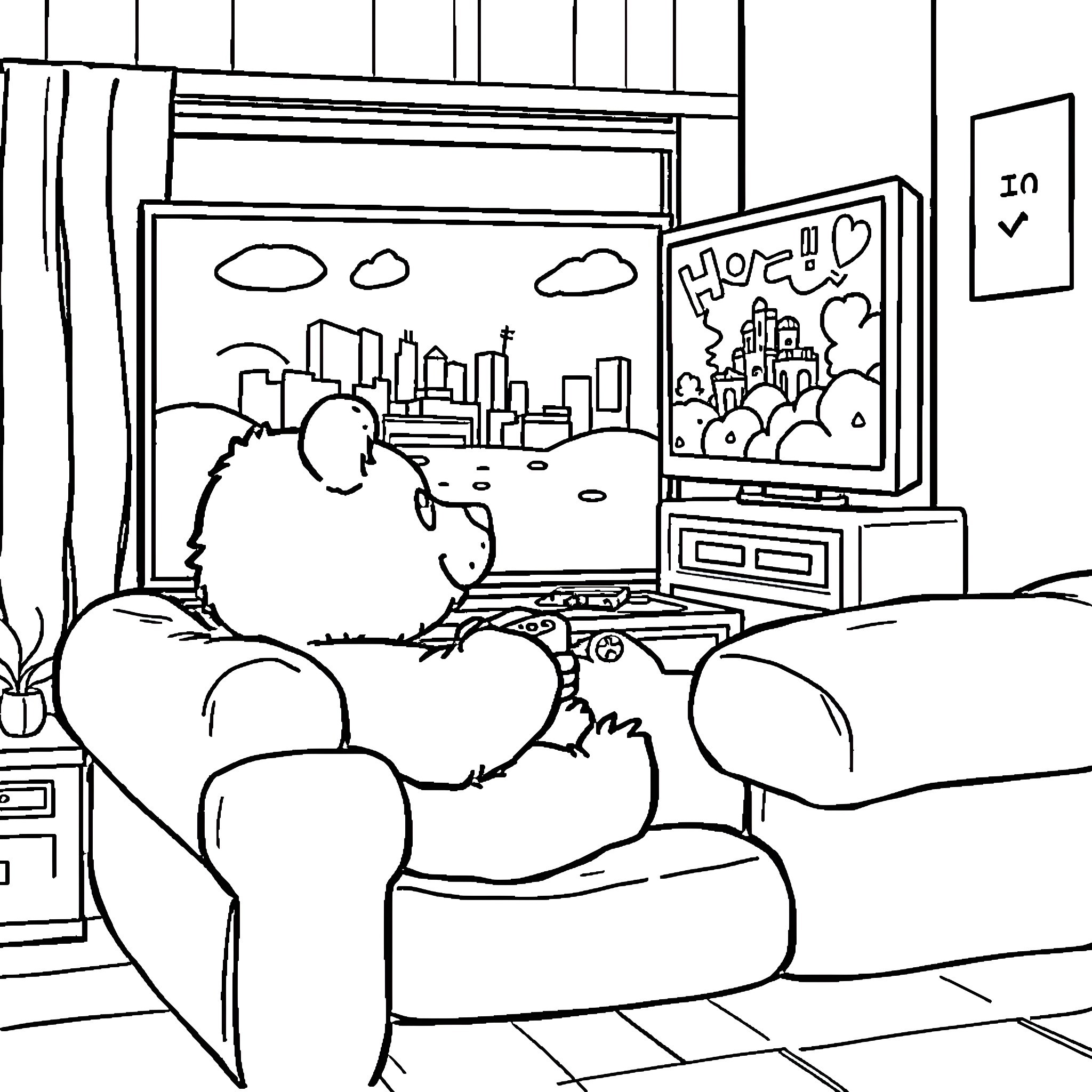 Bear relaxing at home watching TV Coloring Page (free black-and-white line drawing printable PDF for all, from beginners to advanced learners, including children, teens, adults, and seniors)