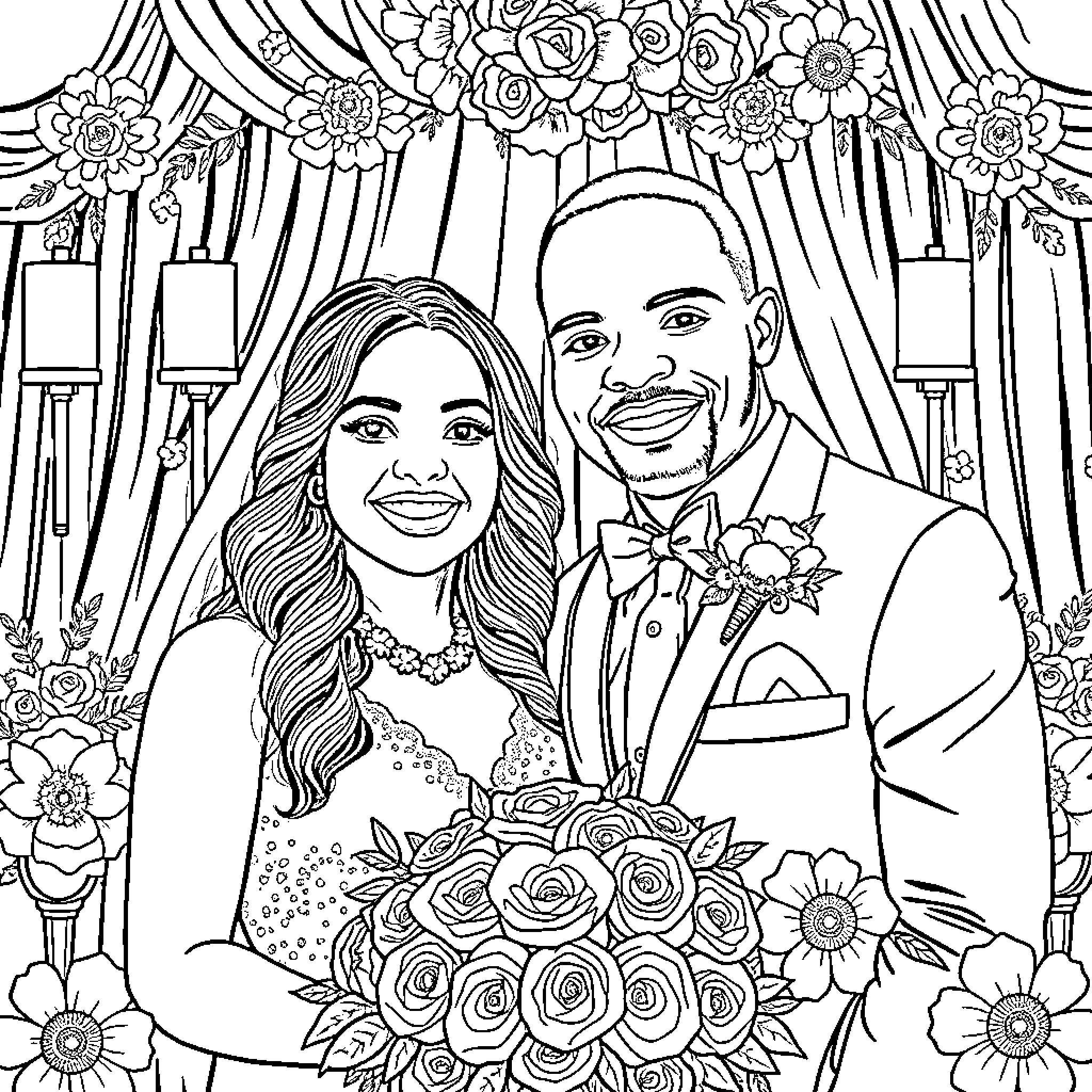 Wedding Day Celebration with Joyful Couple Coloring Page (free black-and-white line drawing printable PDF for all, from beginners to advanced learners, including children, teens, adults, and seniors)