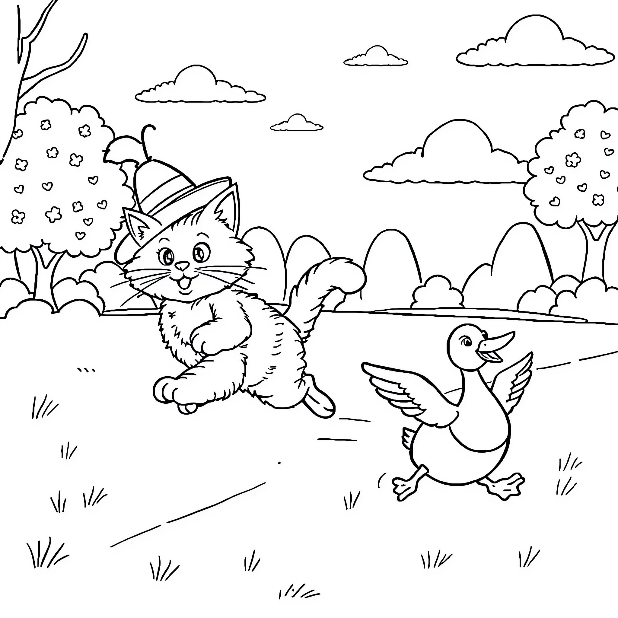 Cat playing cheerfully with a duck in the outdoors Coloring Page (free black-and-white line drawing printable PDF for all, from beginners to advanced learners, including children, teens, adults, and seniors)