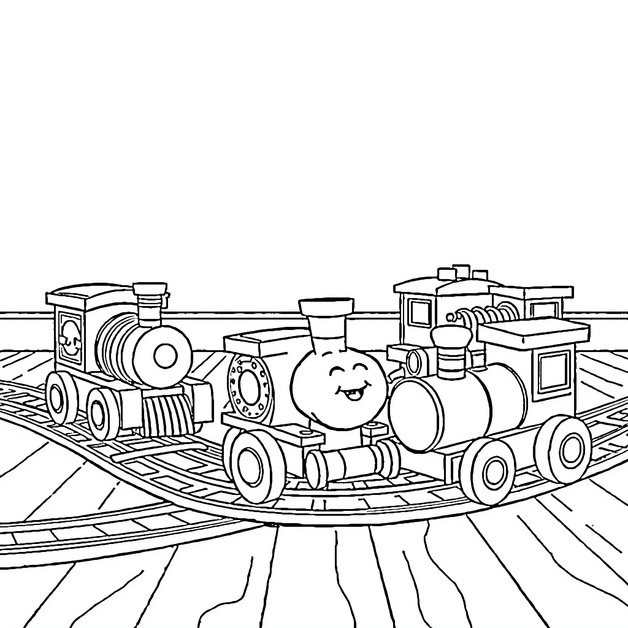 Fixie train rides through whimsical landscape Coloring Page (free black-and-white line drawing printable PDF for all, from beginners to advanced learners, including children, teens, adults, and seniors)