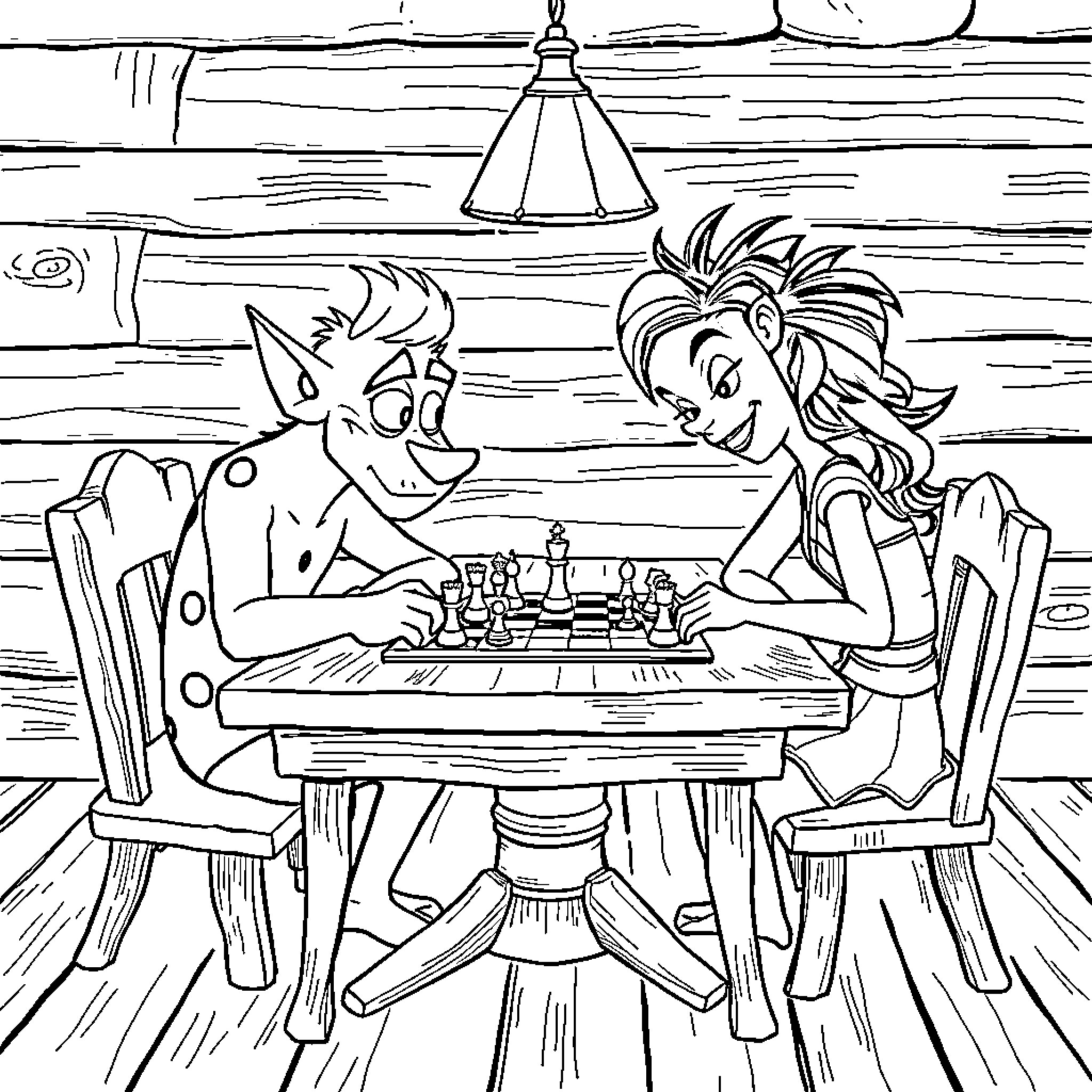 Mal playing chess with friend in cabin Coloring Page (free black-and-white line drawing printable PDF for all, from beginners to advanced learners, including children, teens, adults, and seniors)