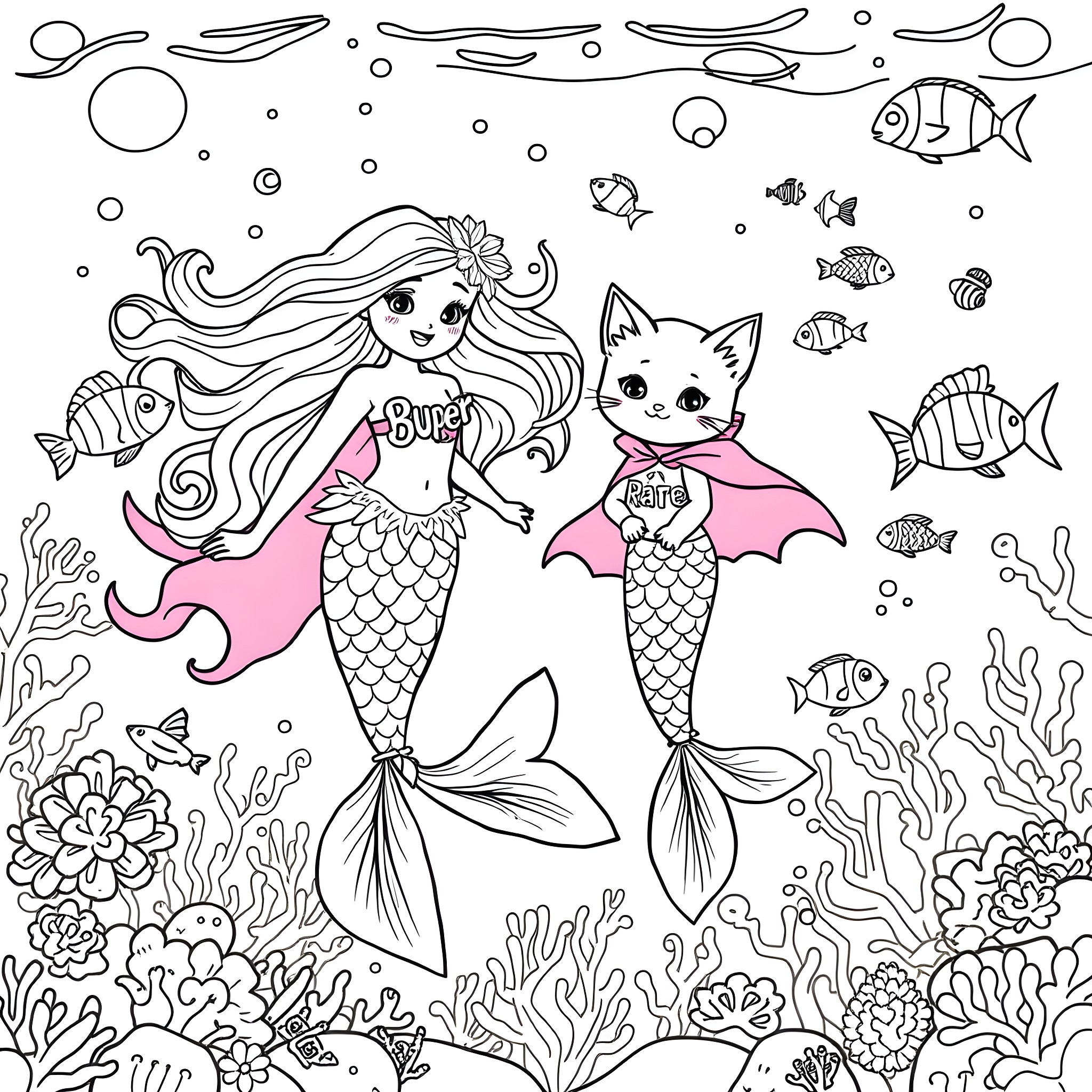 Mermaid and her cat mermaid companion in the underwater garden Coloring Page (free black-and-white line drawing printable PDF for all, from beginners to advanced learners, including children, teens, adults, and seniors)
