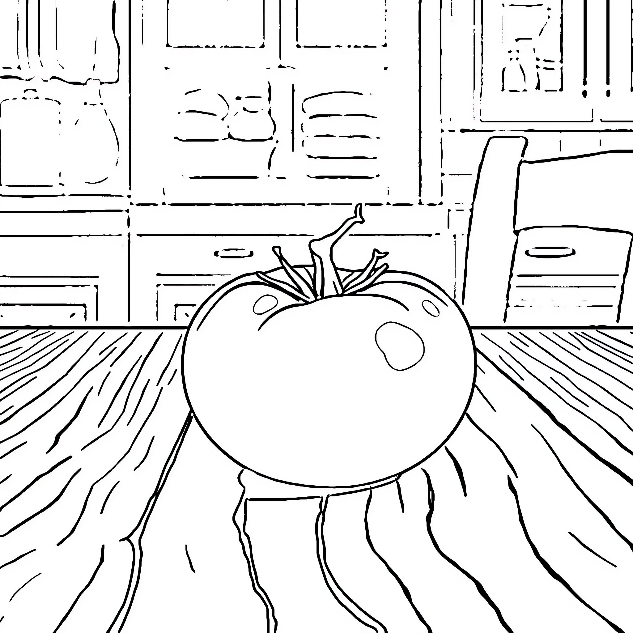 Tomato enjoying the kitchen scenery Coloring Page (free black-and-white line drawing printable PDF for all, from beginners to advanced learners, including children, teens, adults, and seniors)