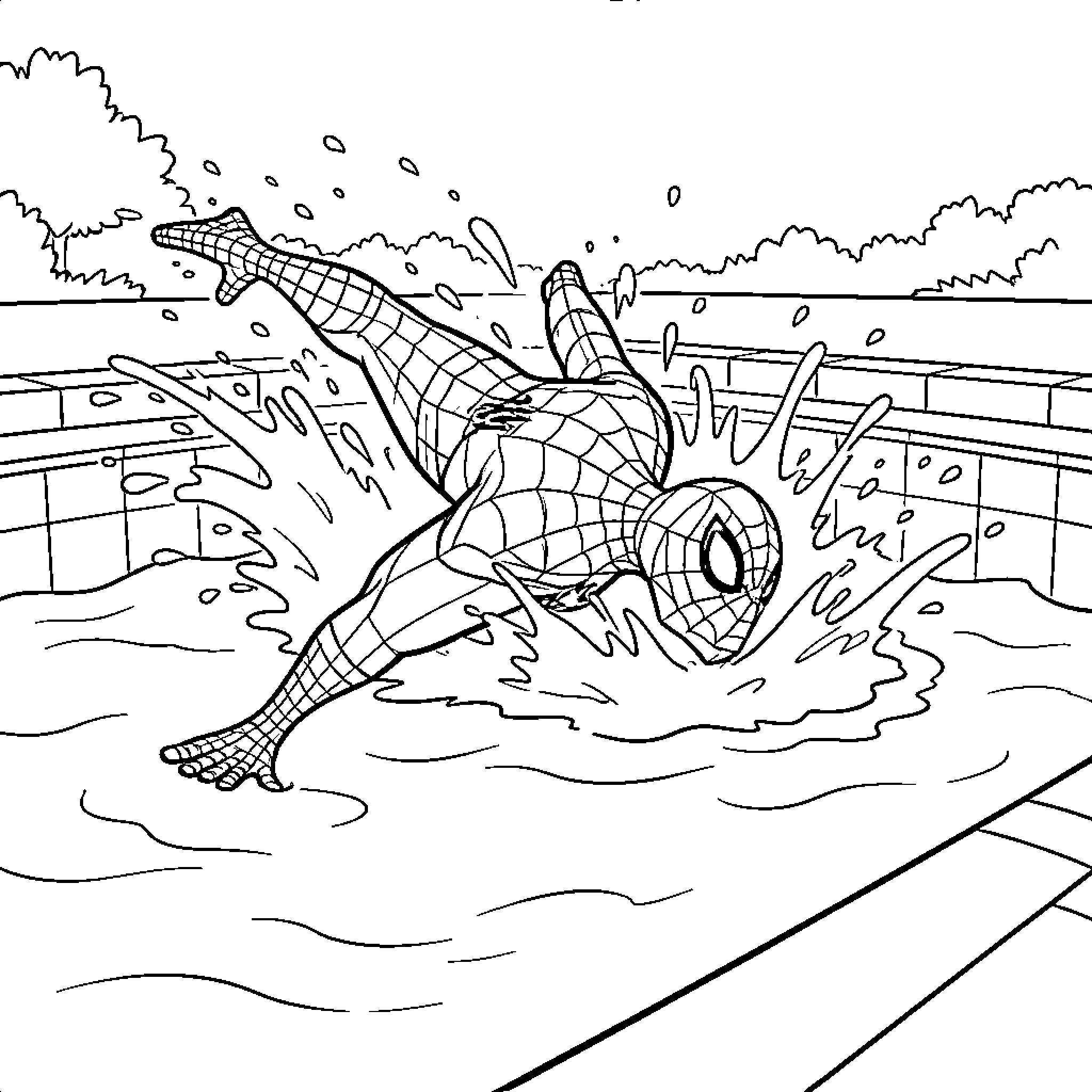 Spiderman diving into a pool of water Coloring Page (free black-and-white line drawing printable PDF for all, from beginners to advanced learners, including children, teens, adults, and seniors)