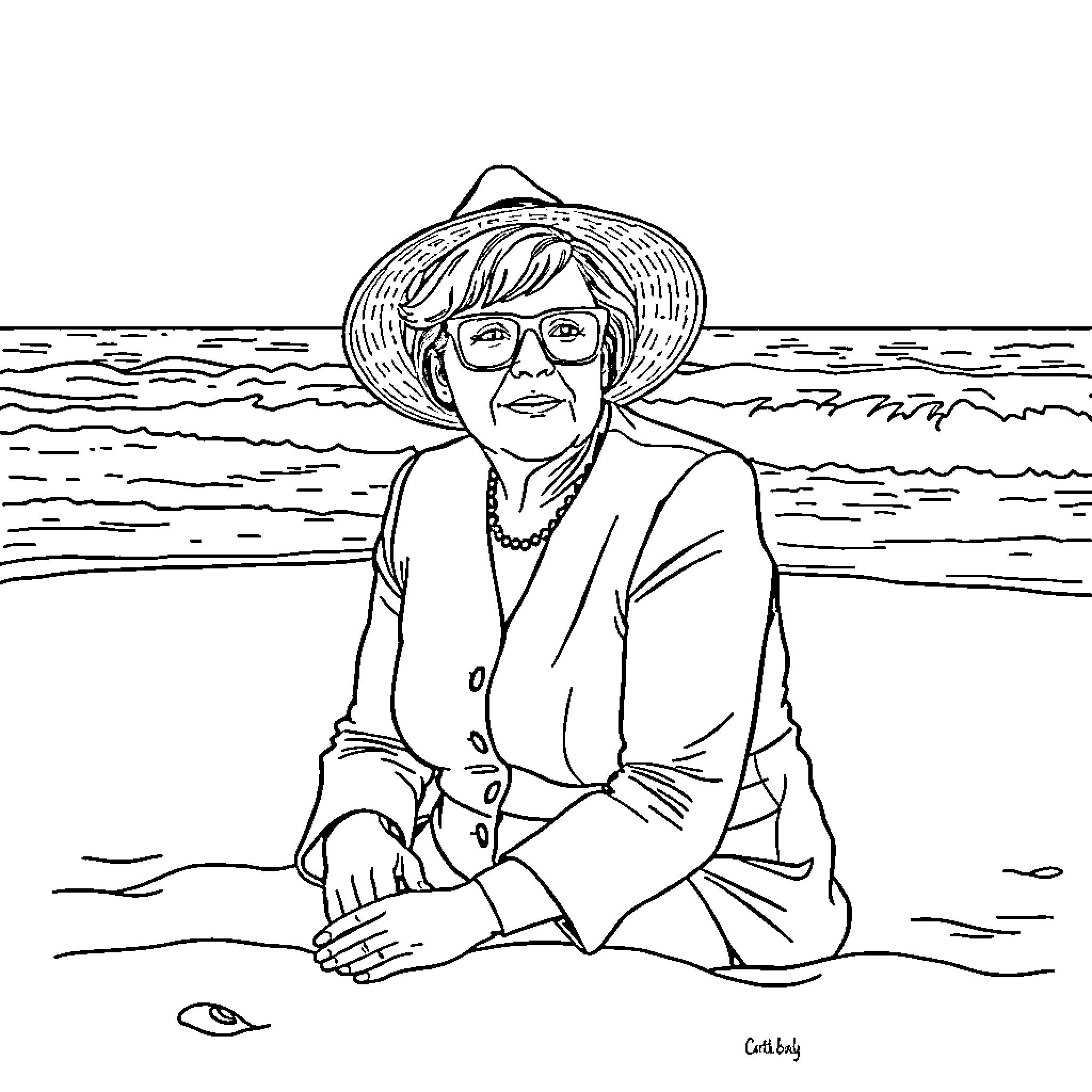 Angela Merkel relaxing on the beach Coloring Page (free black-and-white line drawing printable PDF for all, from beginners to advanced learners, including children, teens, adults, and seniors)