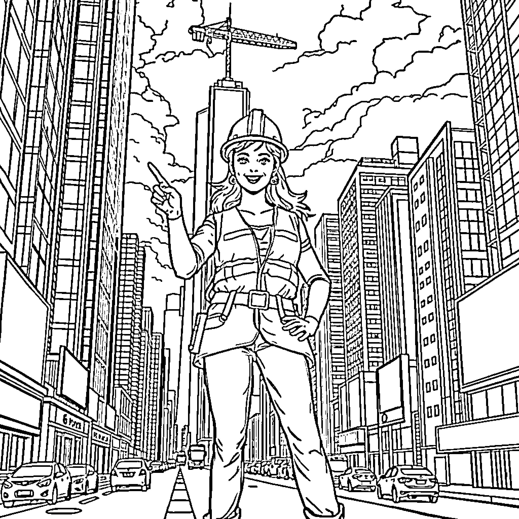 Woman smiling and posing in a busy city landscape Coloring Page (free black-and-white line drawing printable PDF for all, from beginners to advanced learners, including children, teens, adults, and seniors)
