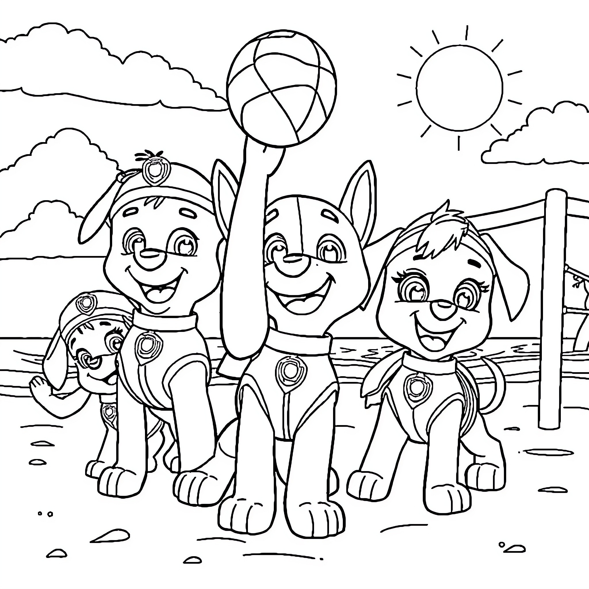Paw Patrol Team Playing Outdoors with Ball Coloring Page (free black-and-white line drawing printable PDF for all, from beginners to advanced learners, including children, teens, adults, and seniors)