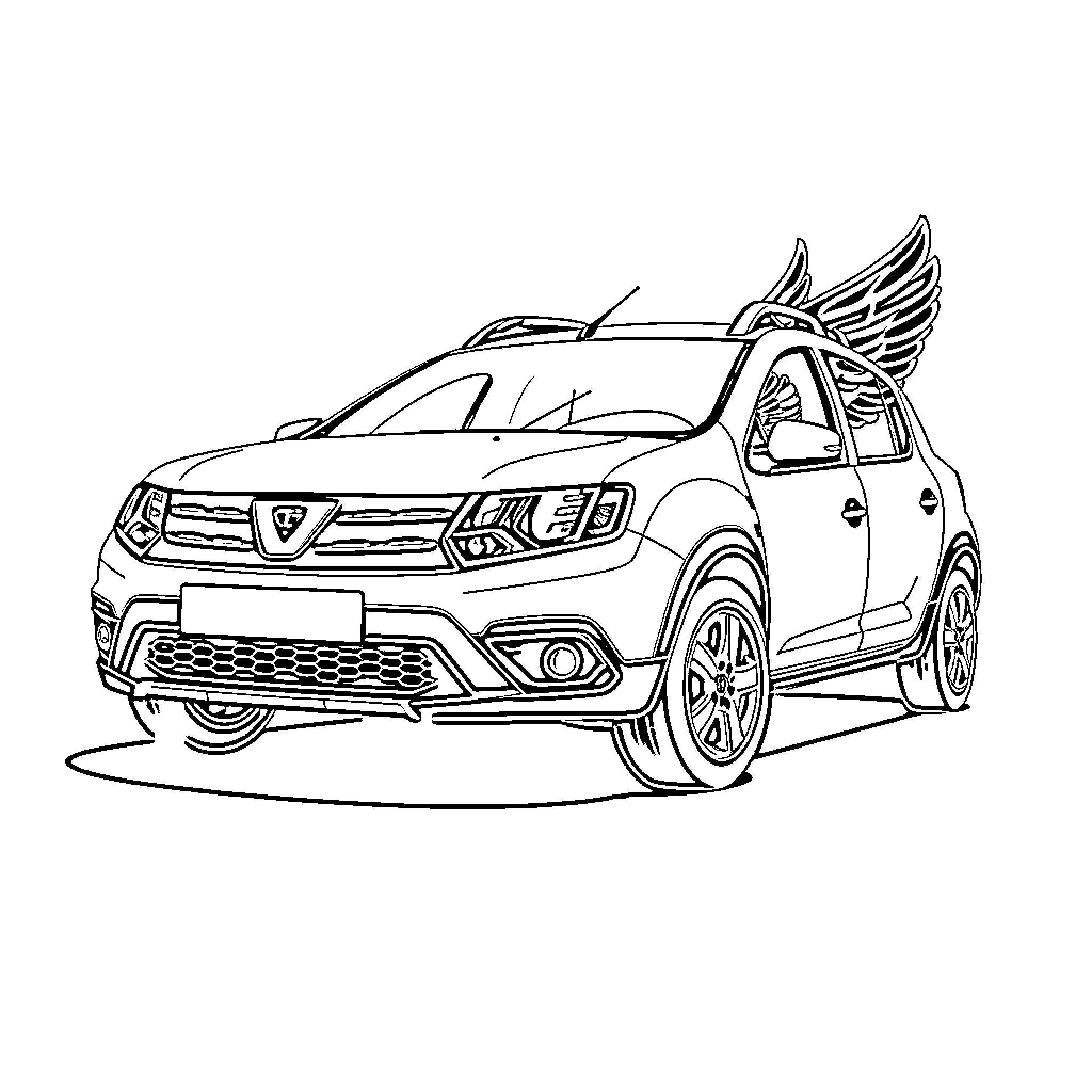 Dacia vehicle with winged design elements Coloring Page (free black-and-white line drawing printable PDF for all, from beginners to advanced learners, including children, teens, adults, and seniors)